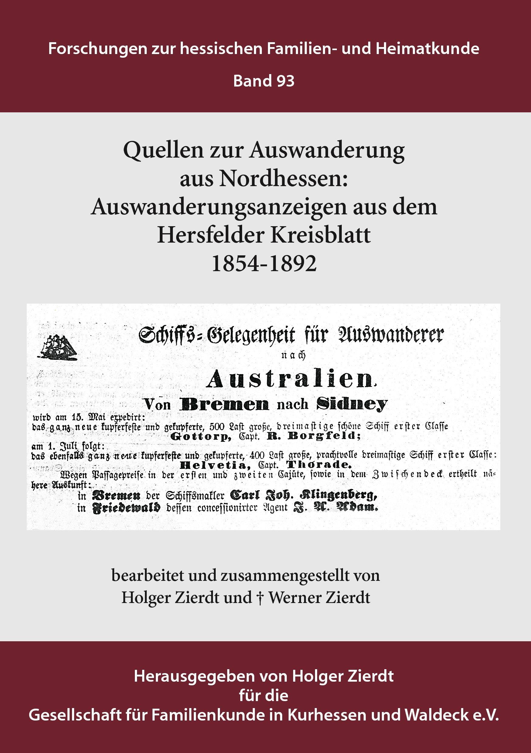 Auswanderungsanzeigen aus dem Hersfelder Kreisblatt 1854-1892