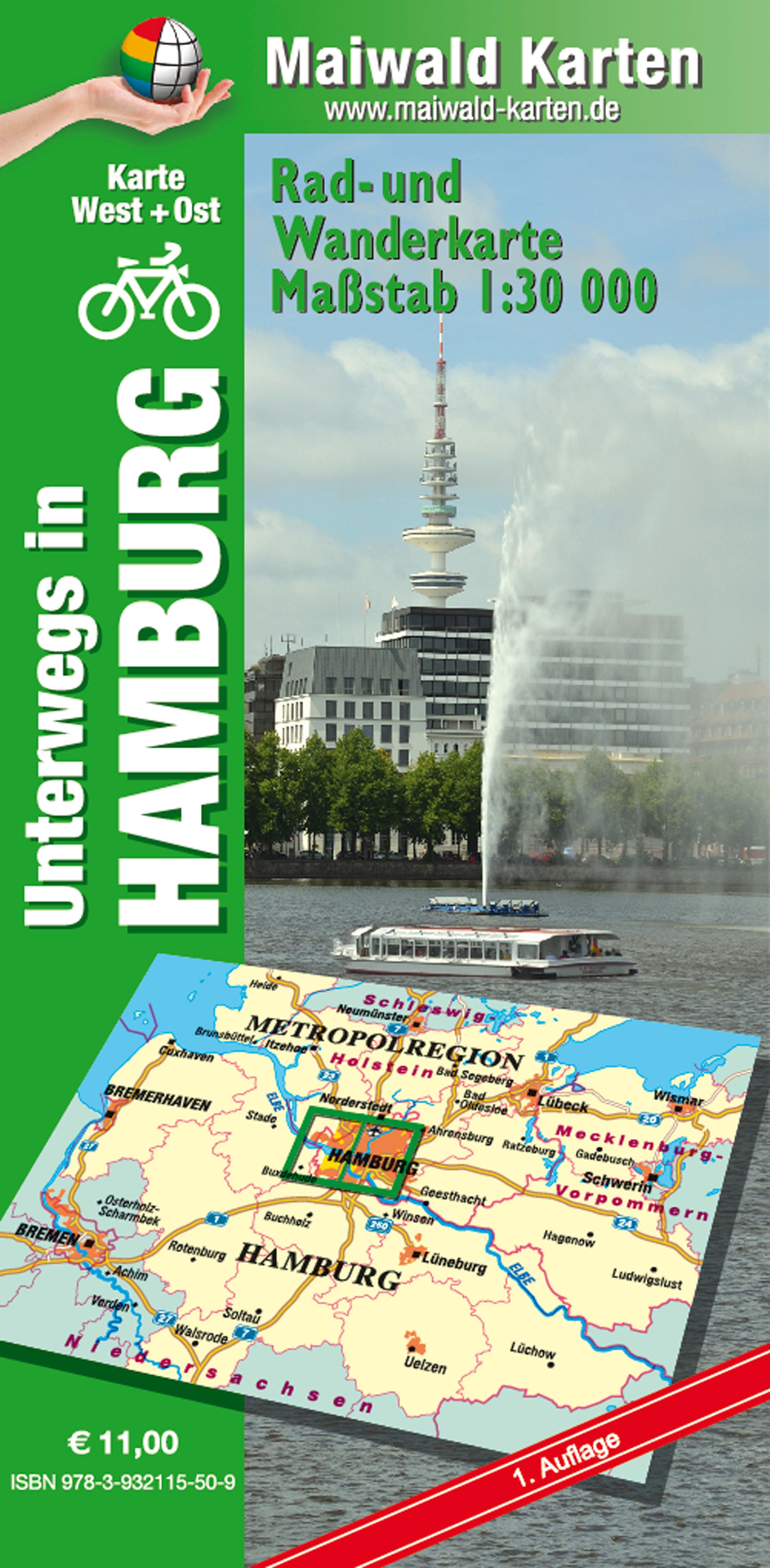 Hamburg Ost + West = unterwegs in Hamburg Rad- u. Wanderkarte - 2 Karten in einer Plastikhülle - mit vielen touristischen Informationen - Karte Ost + West