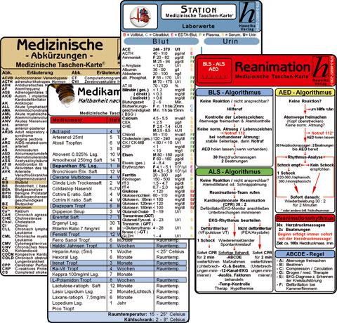 Stations Karten-Set - Laborwerte, Med. Abkürzungen, Medikamente - Haltbarkeit nach Anbruch, Reanimation