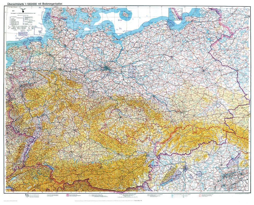 Historische Karte: DEUTSCHLAND  1938 - Übersichtskarte mit der Bodenorganisation der Deutschen Luftwaffe (plano)