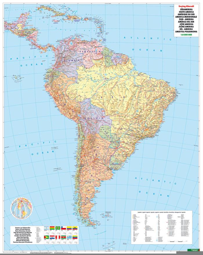 Südamerika physisch-politisch 1 : 8 000 000. Metallbestäbt