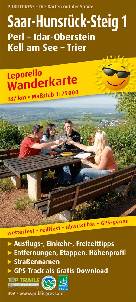 Wanderkarte Saar-Hunsrück-Steig 1, Perl - Idar-Oberstein, Kell am See - Trier 1:25 000