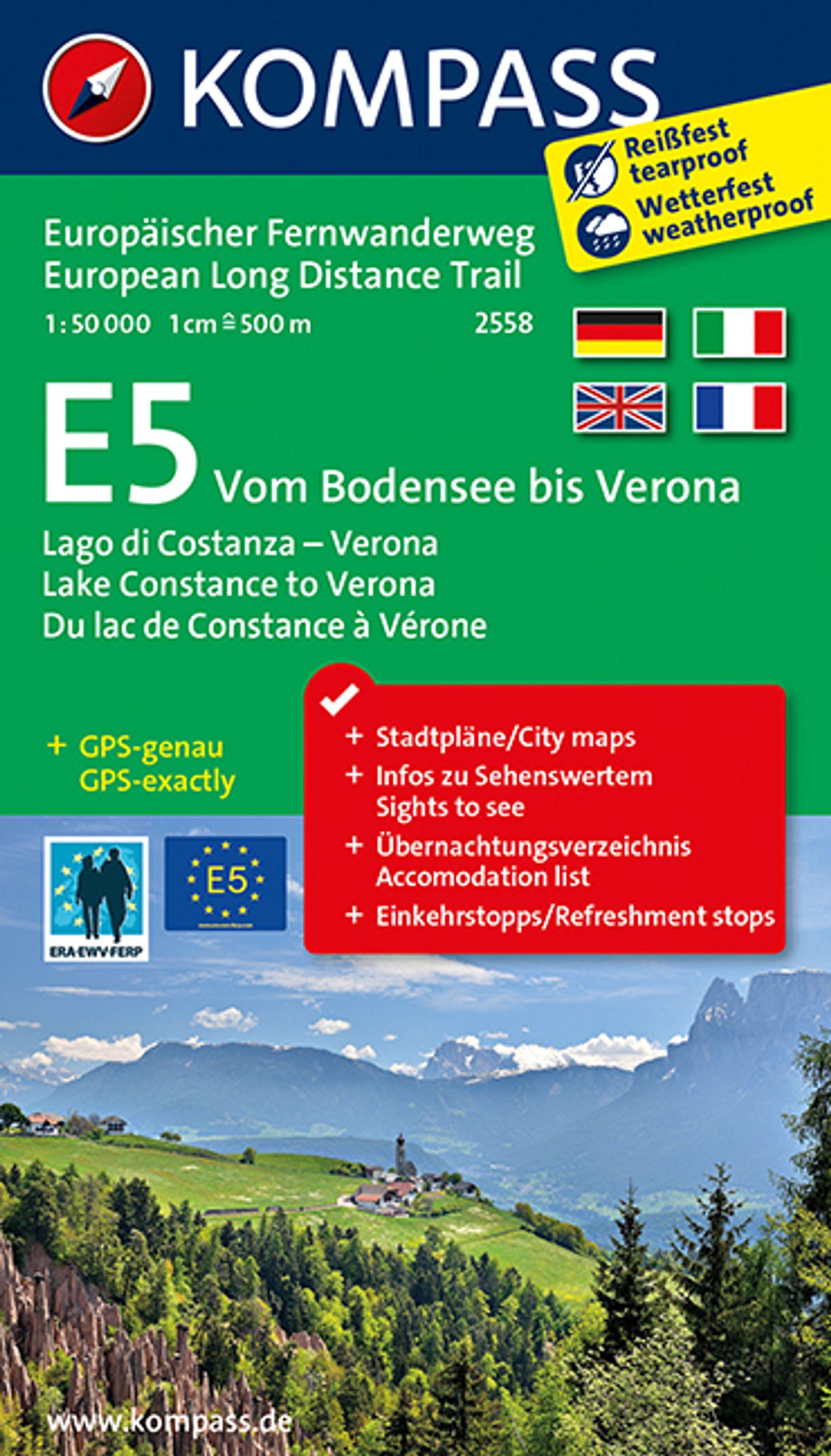 KOMPASS Wander-Tourenkarte Europäischer Fernwanderweg E5 Vom Bodensee bis Verona 1:50.000