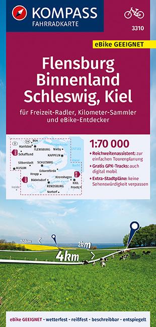 KOMPASS Fahrradkarte Flensburg Binnenland, Schleswig, Kiel 1:70.000, FK 3310