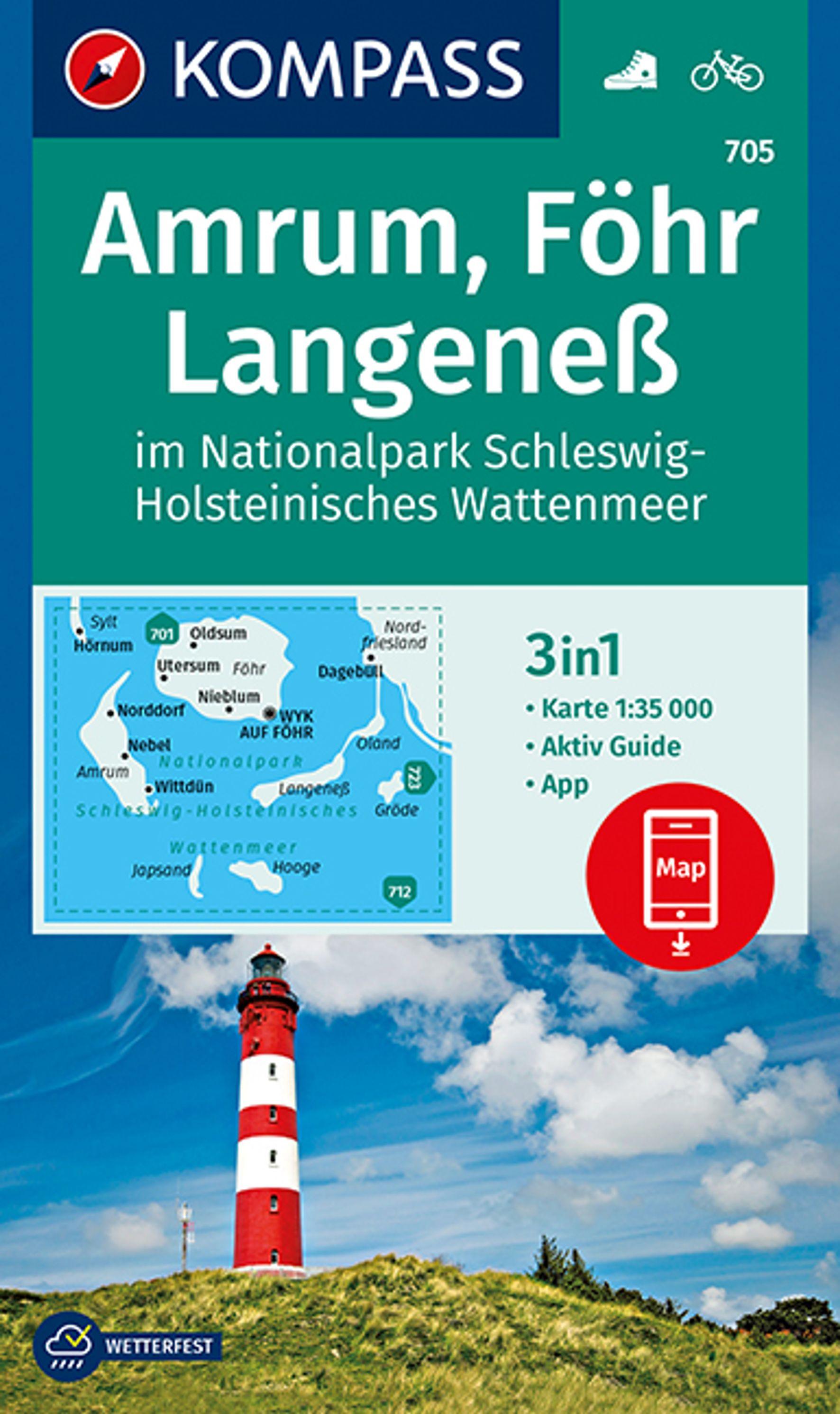 KOMPASS Wanderkarte 705 Amrum, Föhr, Langeneß im Nationalpark Schleswig-Holsteinisches Wattenmeer 1:35.000