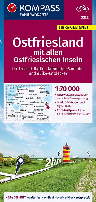 KOMPASS Fahrradkarte Ostfriesland mit allen Ostfriesischen Inseln 1:70.000, FK 3322