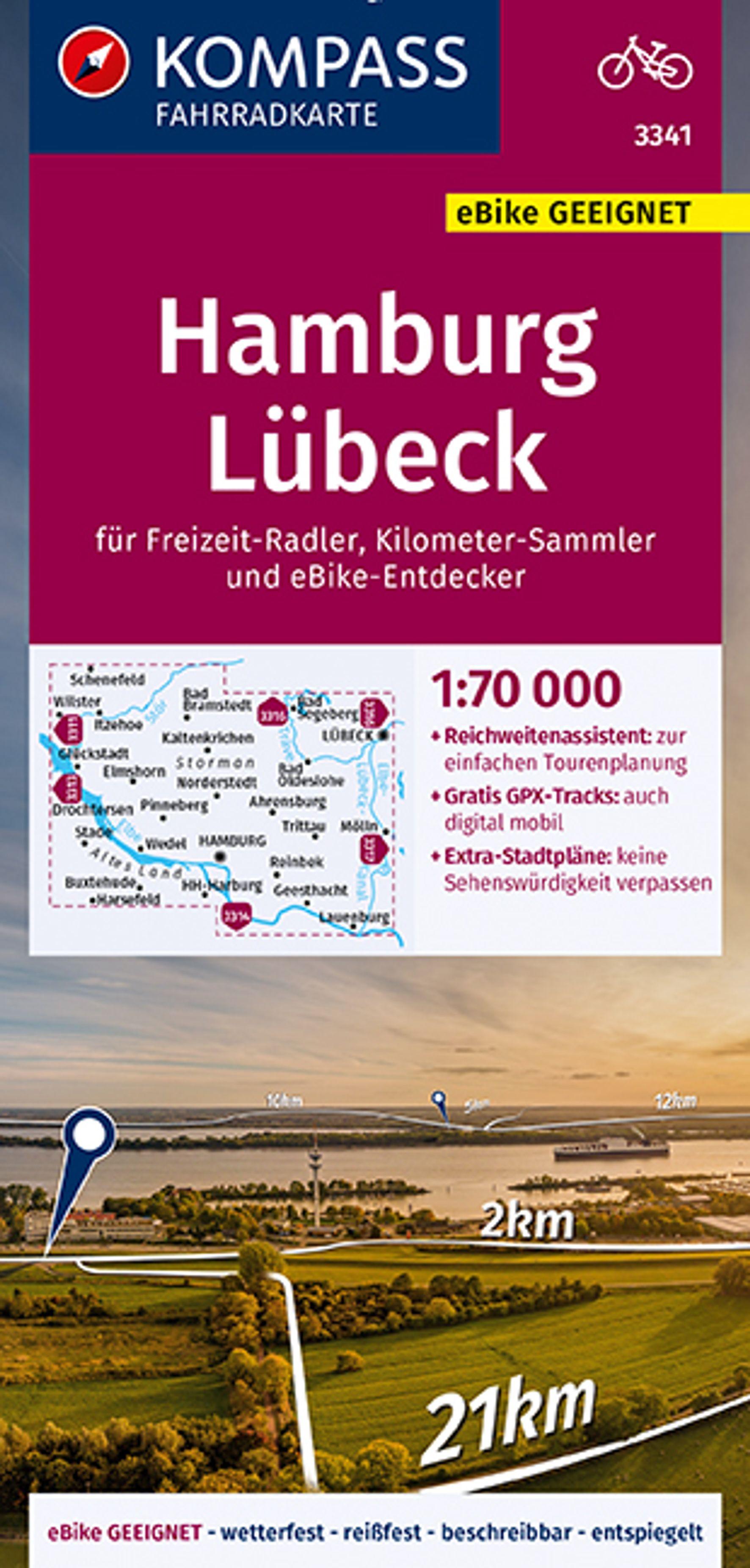 KOMPASS Fahrradkarte 3341 Hamburg, Lübeck 1:70.000