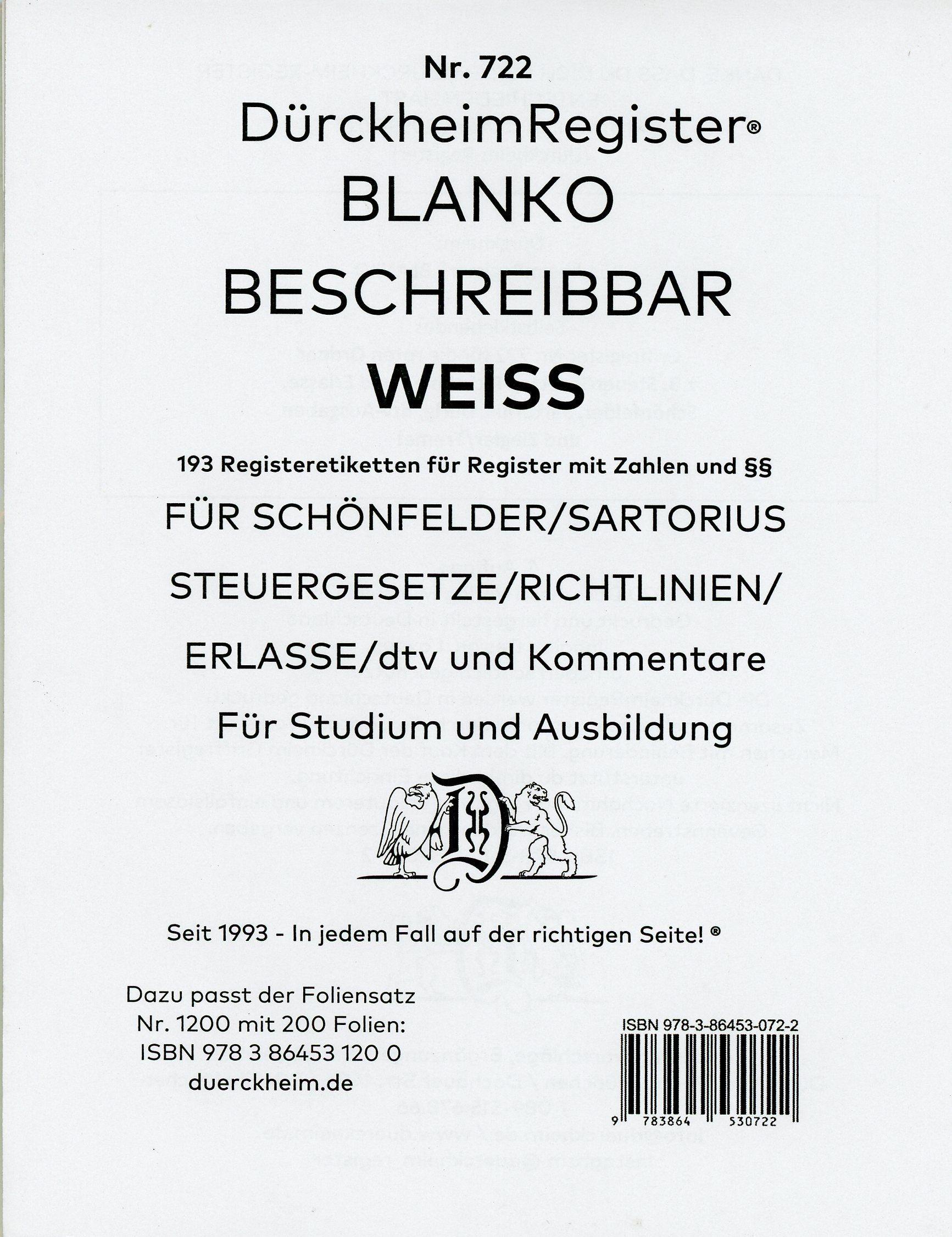 DürckheimRegister® BLANKO-WEISS beschreibbar für Gesetzessammlungen Nr. 722