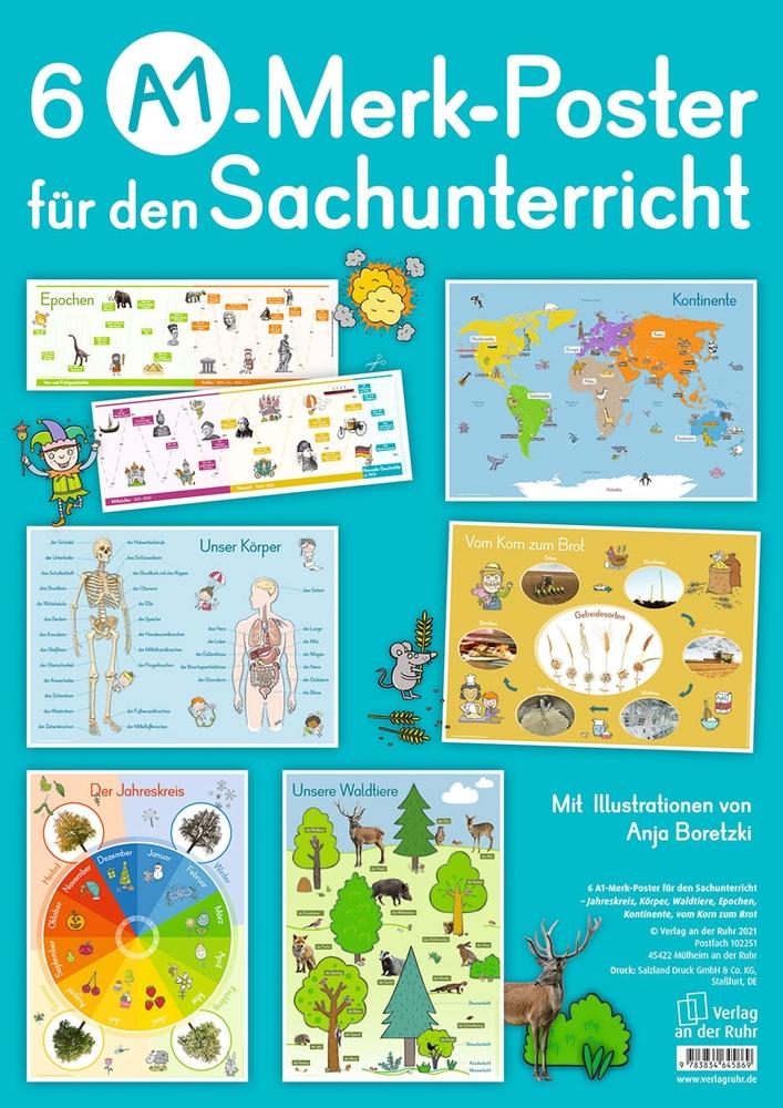 6 A1-Merk-Poster für den Sachunterricht ? Jahreskreis, Körper, Waldtiere, Epochen, Kontinente, vom Korn zum Brot