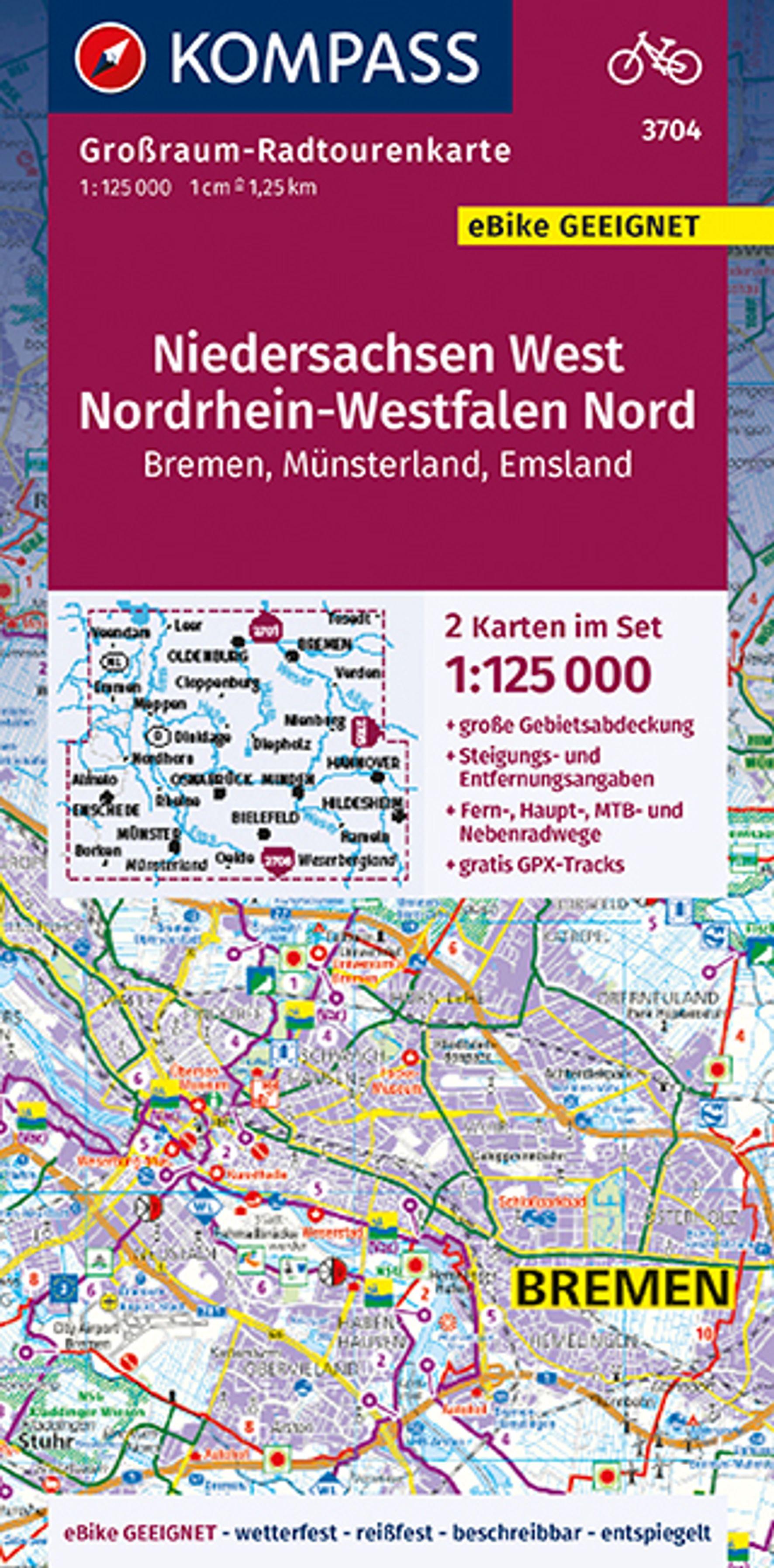 KOMPASS Großraum-Radtourenkarte 3704 Niedersachsen West, Nordrhein-Westfalen Nord 1:125.000