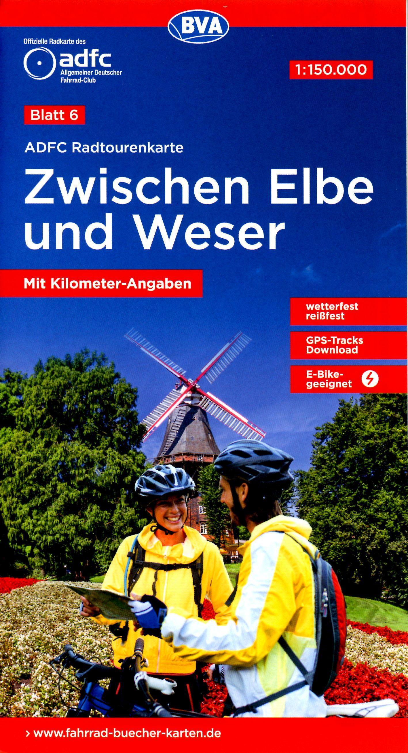 ADFC-Radtourenkarte 6 Zwischen Elbe und Weser 1:150.000, reiß- und wetterfest, E-Bike geeignet, GPS-Tracks Download, mit Bett+Bike-Symbolen, mit Kilometer-Angaben