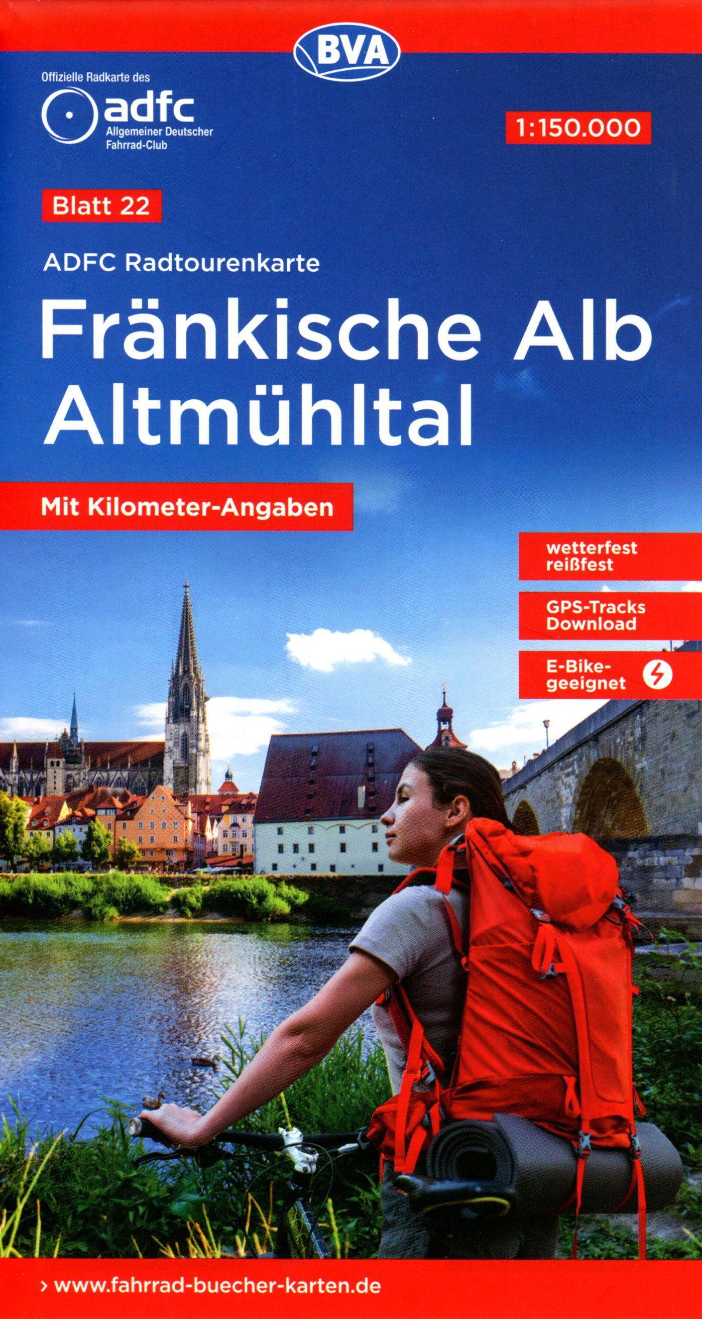 ADFC-Radtourenkarte 22 Fränkische Alb Altmühltal 1:150.000, reiß- und wetterfest, E-Bike geeignet, GPS-Tracks Download, mit Bett+Bike Symbolen, mit Kilometer-Angaben