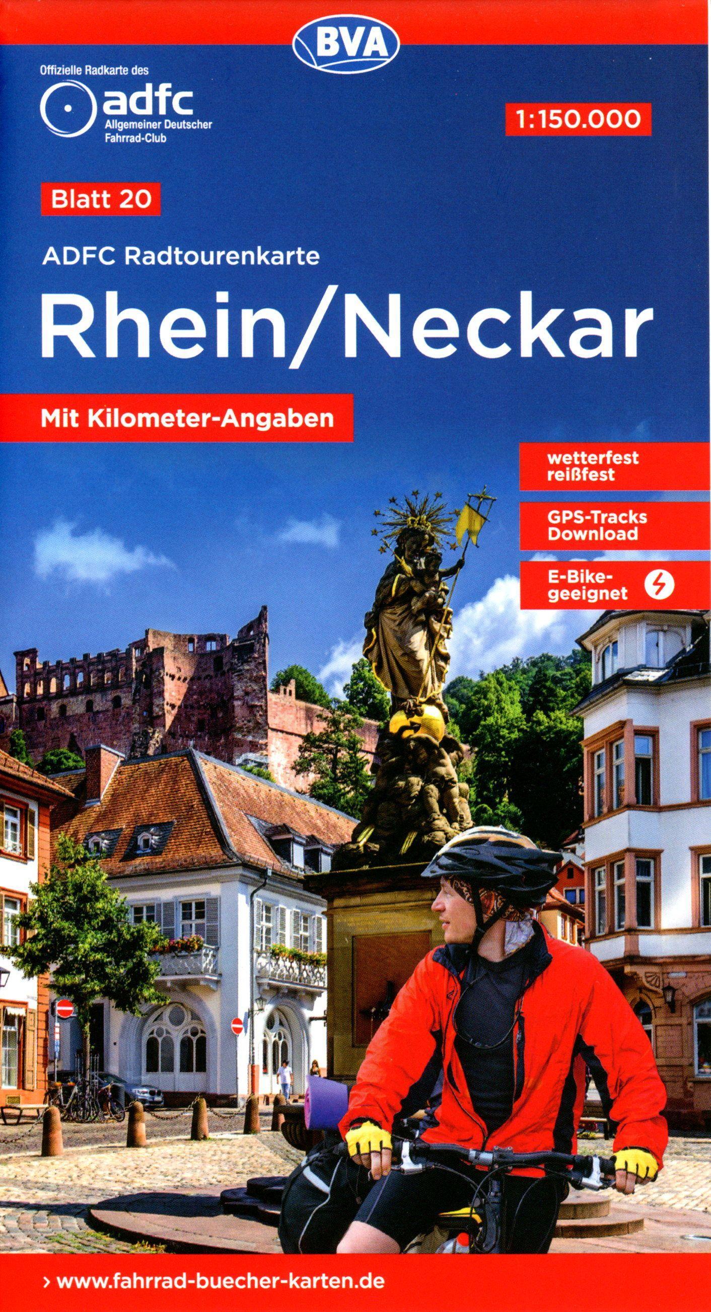 ADFC-Radtourenkarte 20 Rhein /Neckar 1:150.000, reiß- und wetterfest, E-Bike geeignet, GPS-Tracks Download, mit Bett+Bike Symbolen, mit Kilometer-Angaben