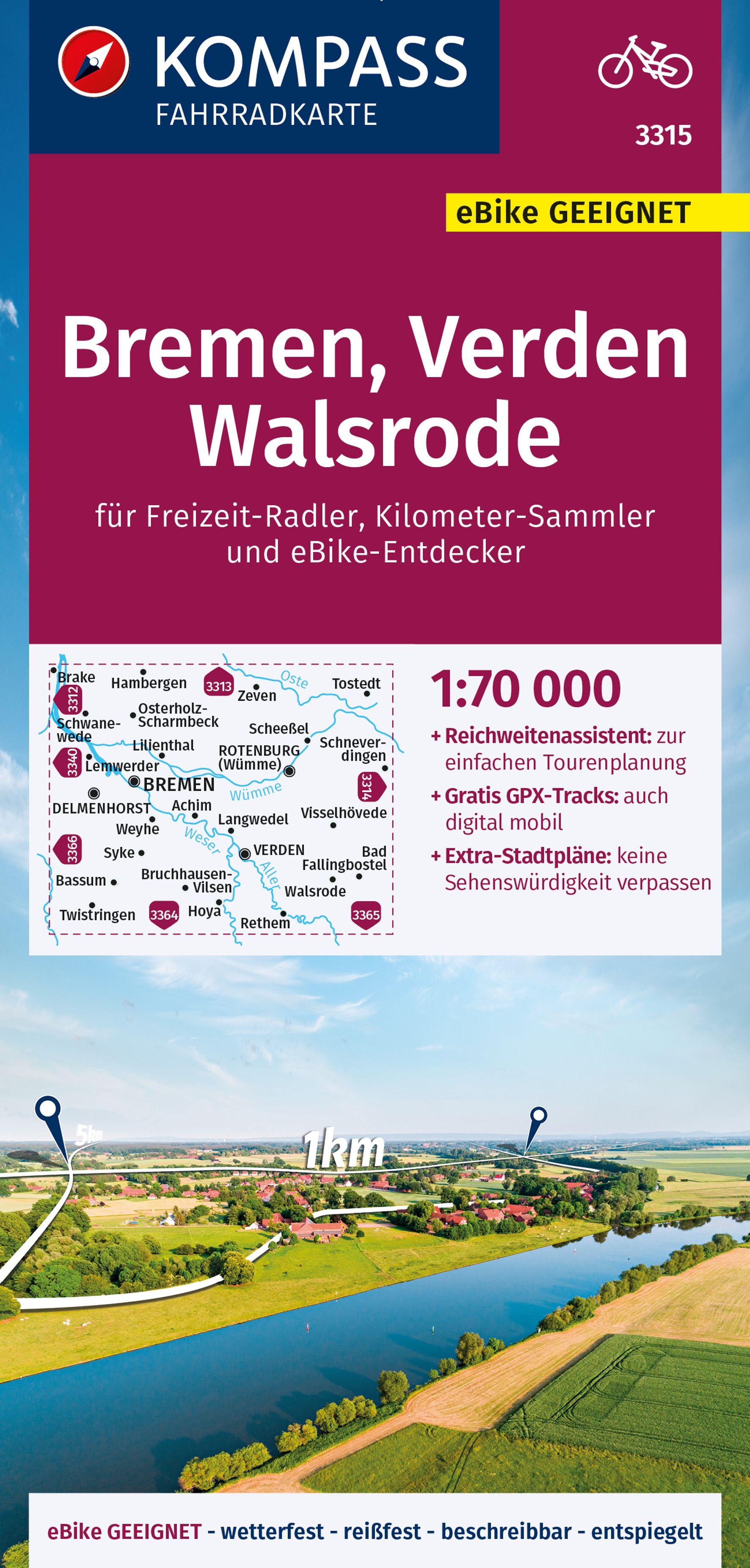 KOMPASS Fahrradkarte 3315 Bremen, Verden, Walsrode 1:70.000