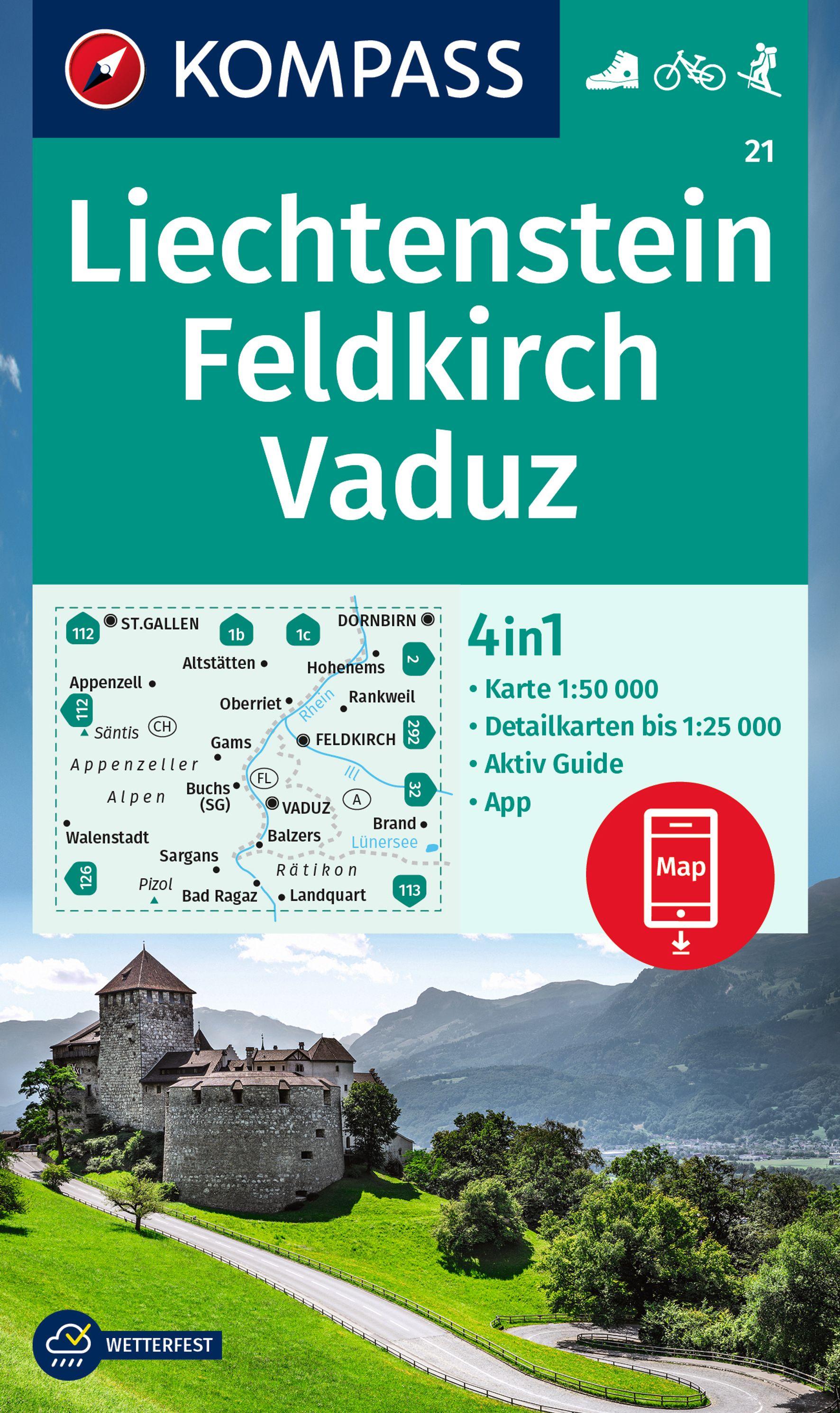 KOMPASS Wanderkarte 21 Liechtenstein, Feldkirch, Vaduz 1:50.000