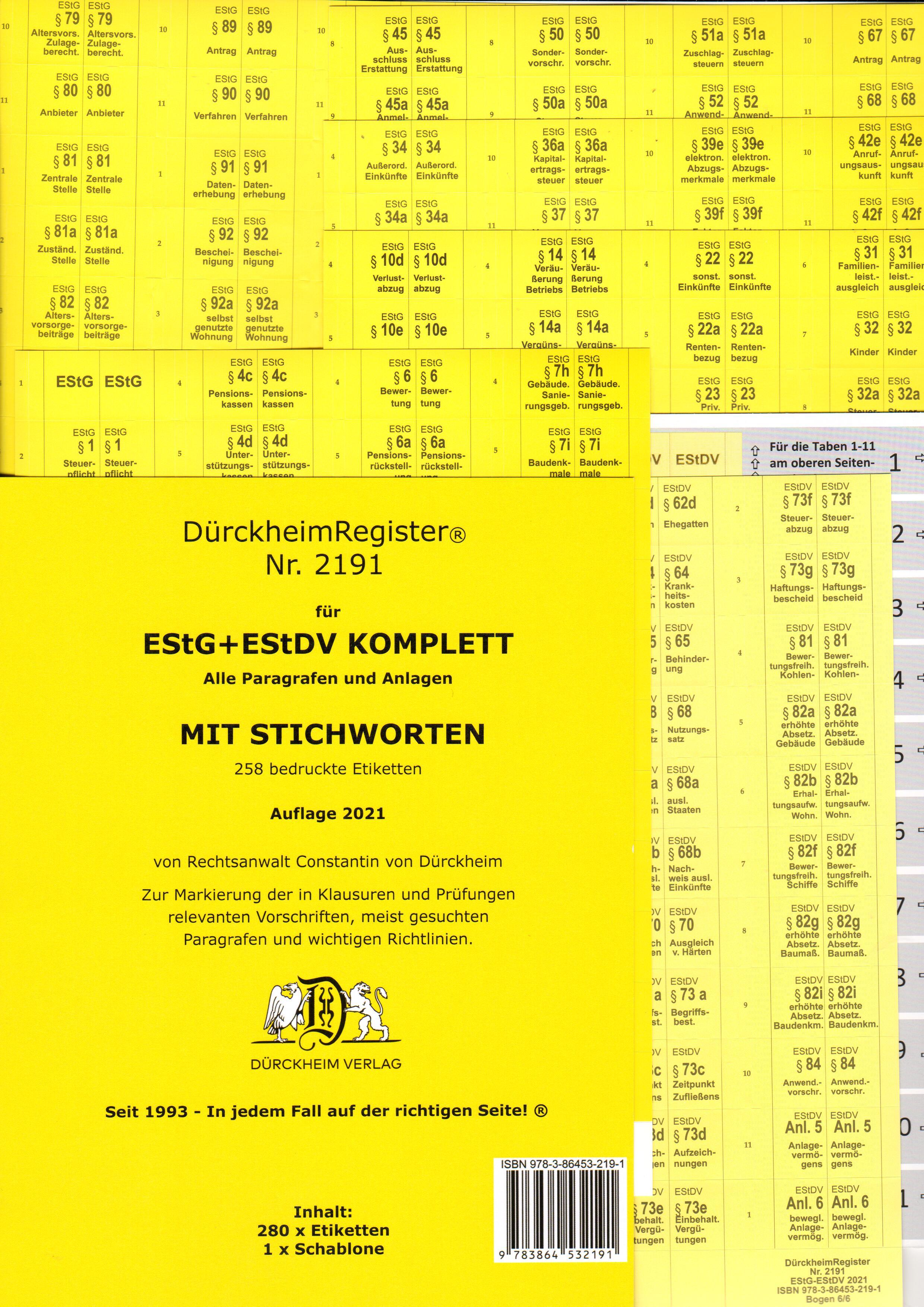 DürckheimRegister® EStG+EStDV KOMPLETT alle §§ MIT STICHWORTEN