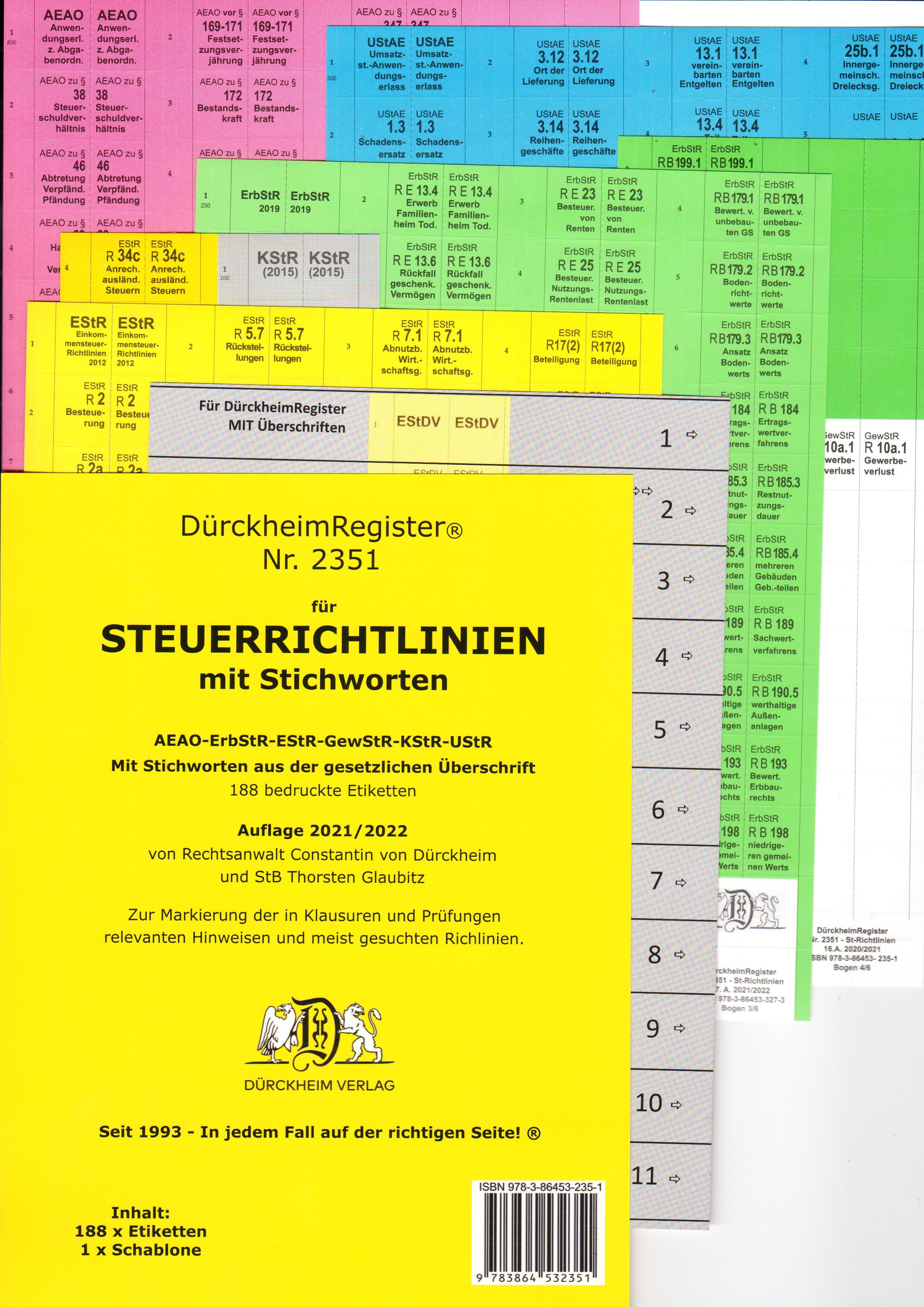 DürckheimRegister® STEUERRICHTLINIEN mit STICHWORTEN aus der gesetzlichen Überschrift - 2021/2022