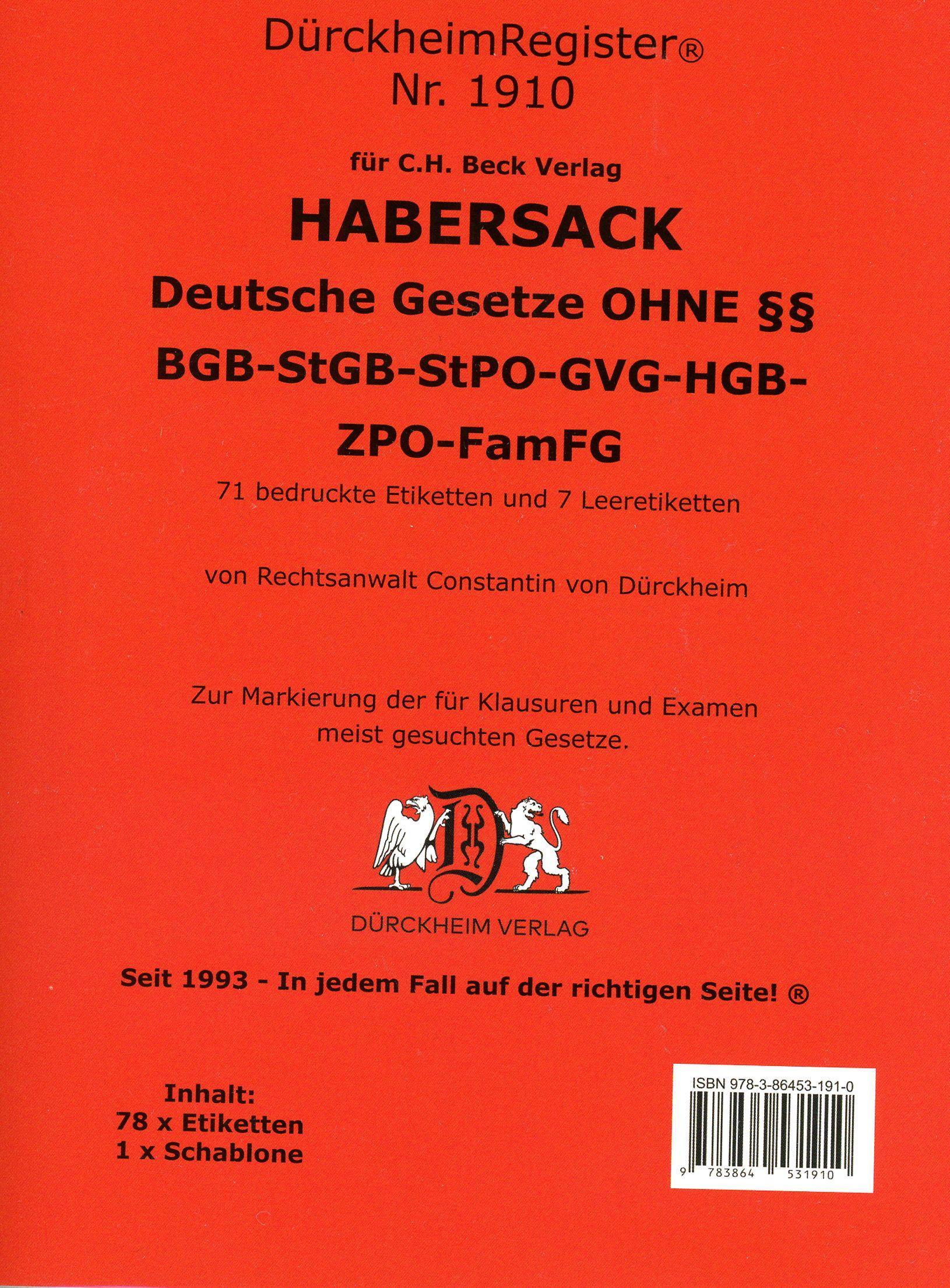 HABERSACK Akronyme OHNE einzelne §§ - §§ BGB-StGB-StPO-GVG-HGB-ZPO-FamFG