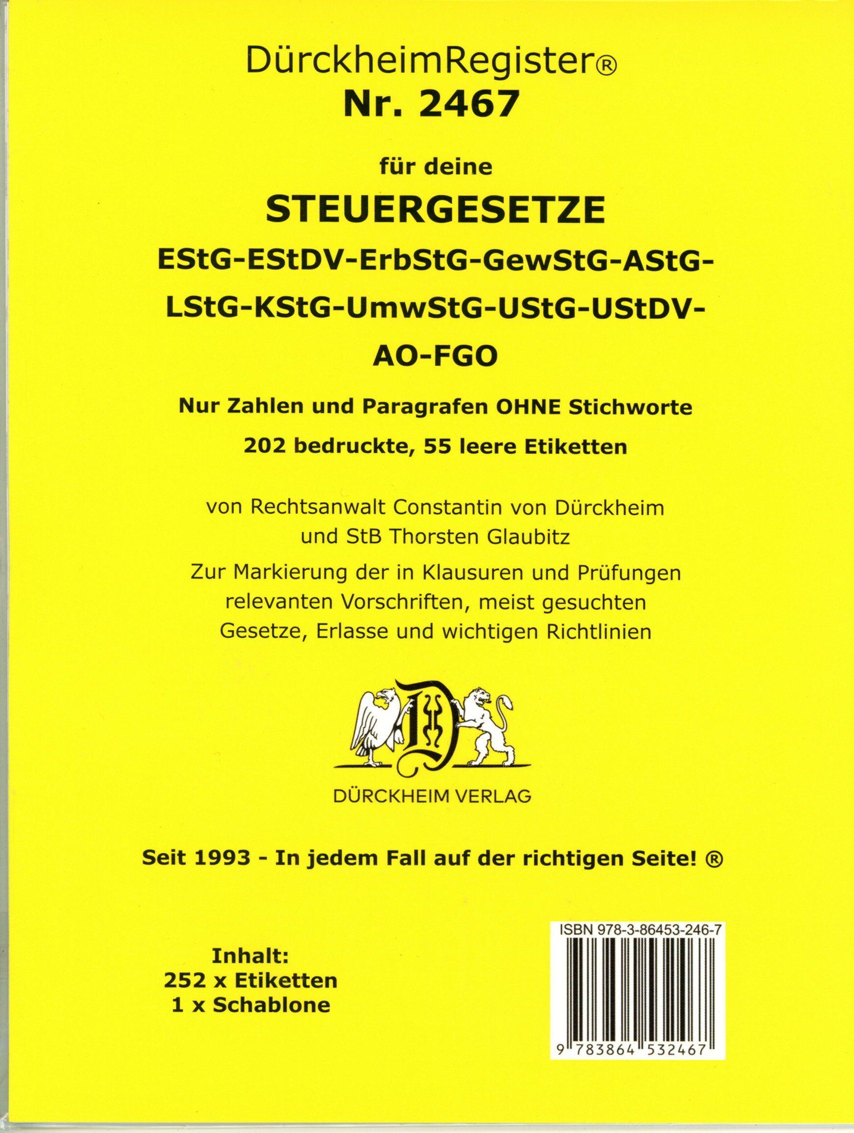 DürckheimRegister® Steuergesetze EStG-EStDV-Erb-StG-GewStG-AStG-LStG-KStG-UmwStG-UStF-UStDV-AO-FGO