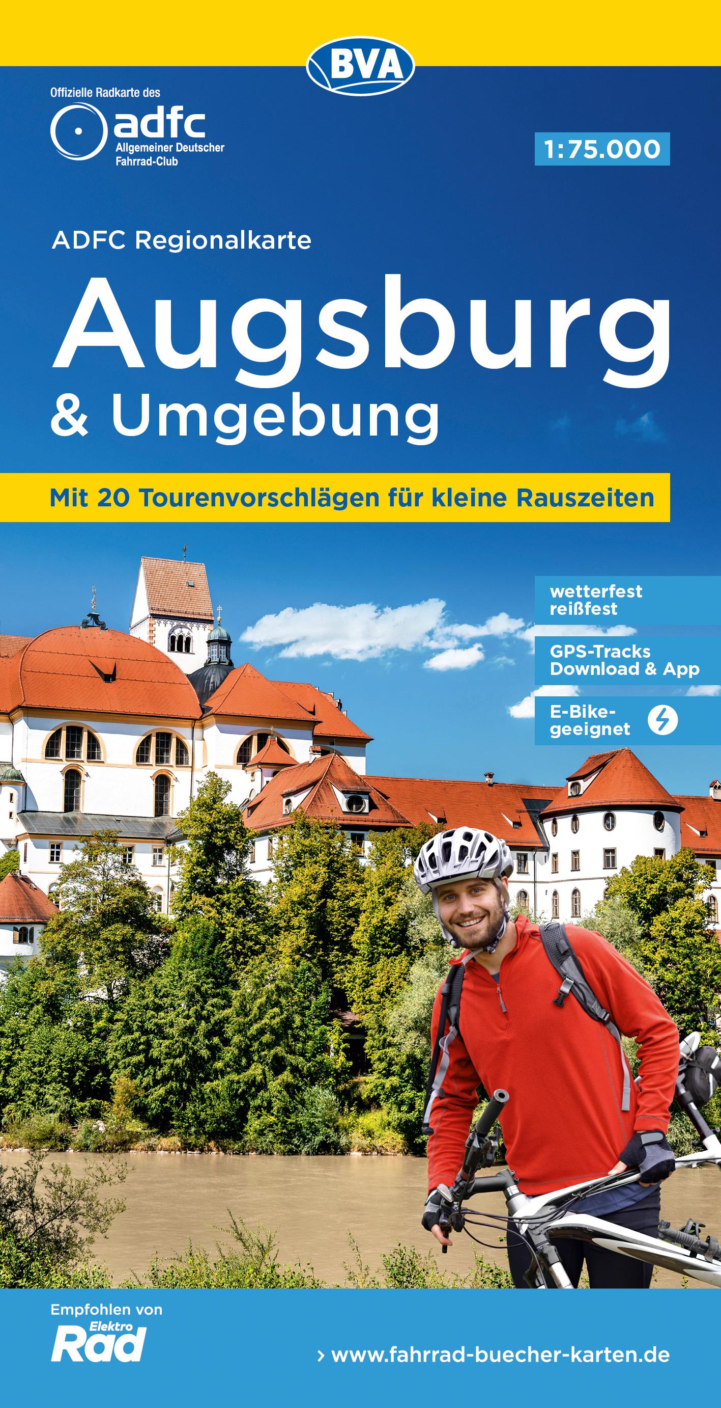 ADFC-Regionalkarte Augsburg und Umgebung, 1:75.000, mit Tagestourenvorschlägen, reiß- und wetterfest, E-Bike-geeignet, GPS-Tracks-Download