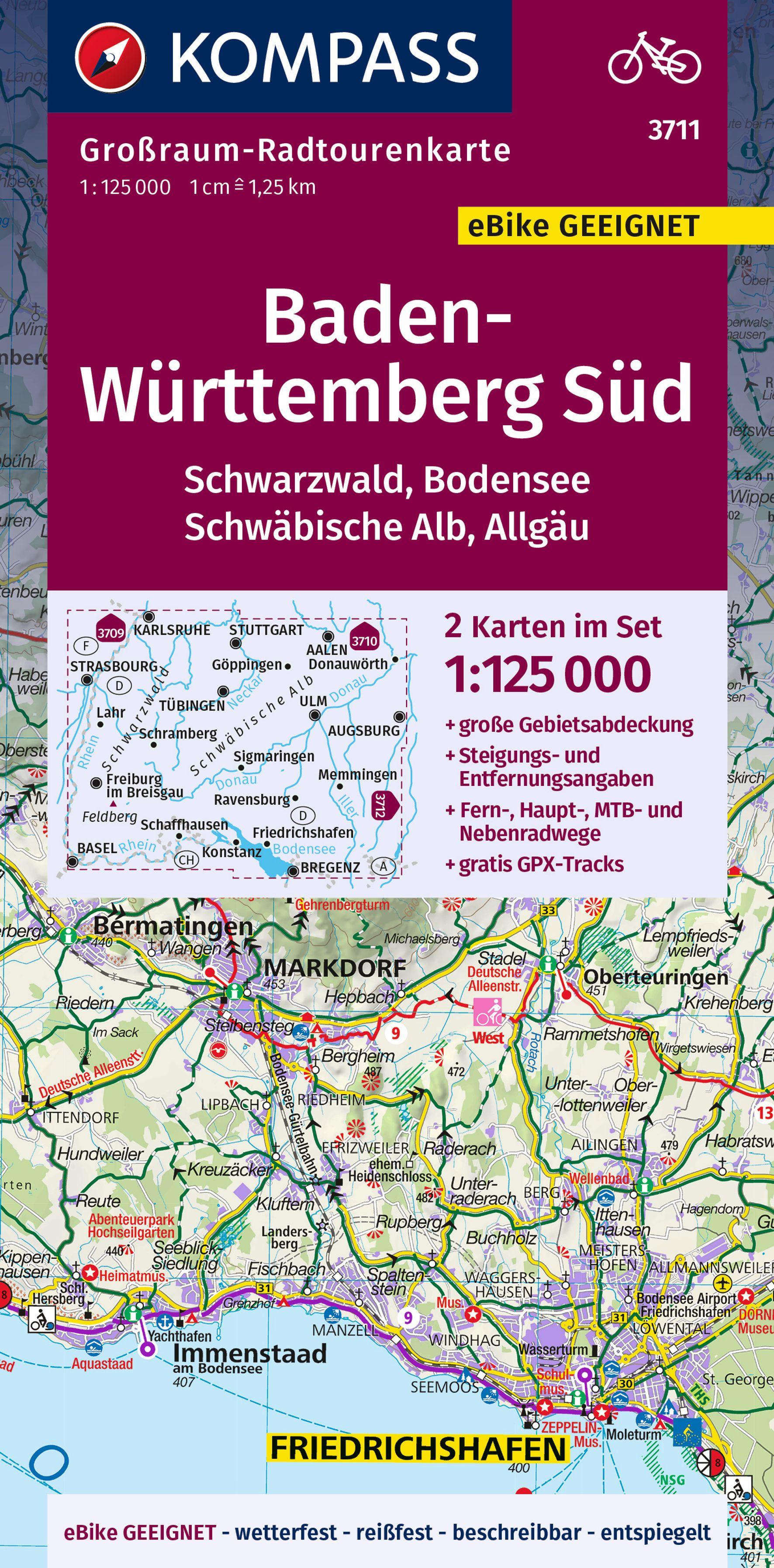 KOMPASS Großraum-Radtourenkarte 3711 Baden-Württemberg Süd, Schwarzwald, Bodensee, Schwäbische Alb, Allgäu 1:125.000