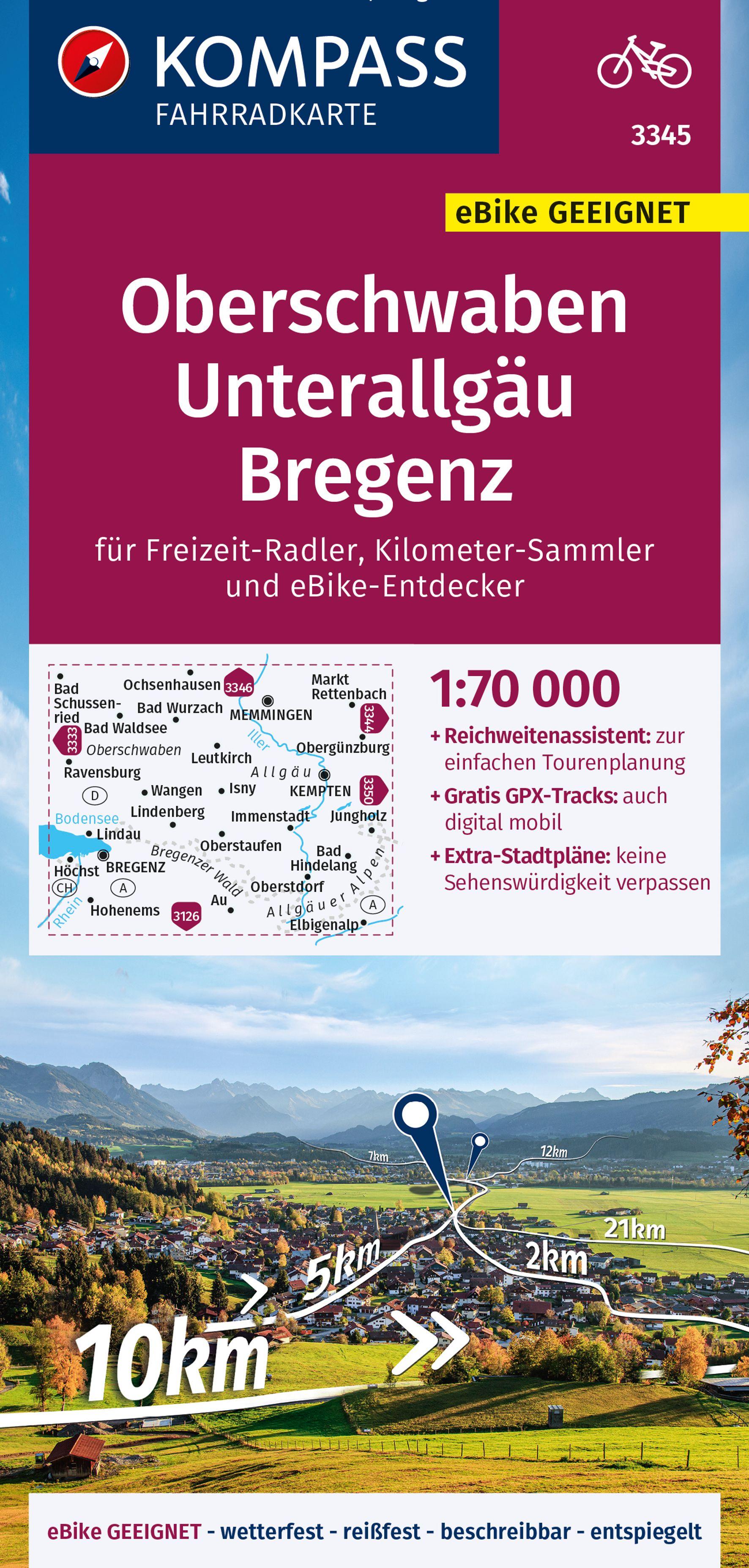 KOMPASS Fahrradkarte 3345 Oberschwaben, Unterallgäu, Bregenz 1:70.000