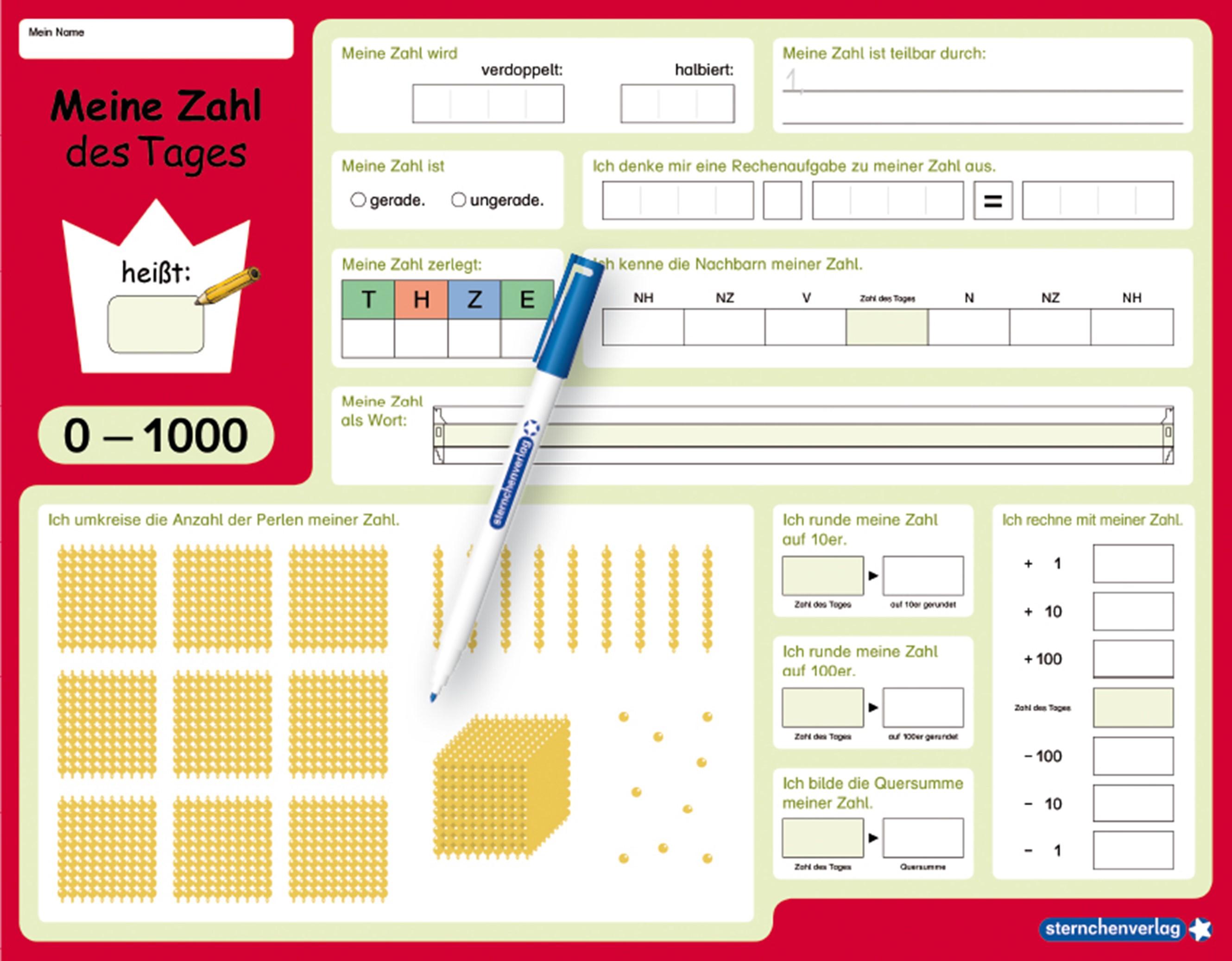 Meine Zahl des Tages 0-1000 - wiederbeschreibbare Lerntafel mit Stift - Mathematik