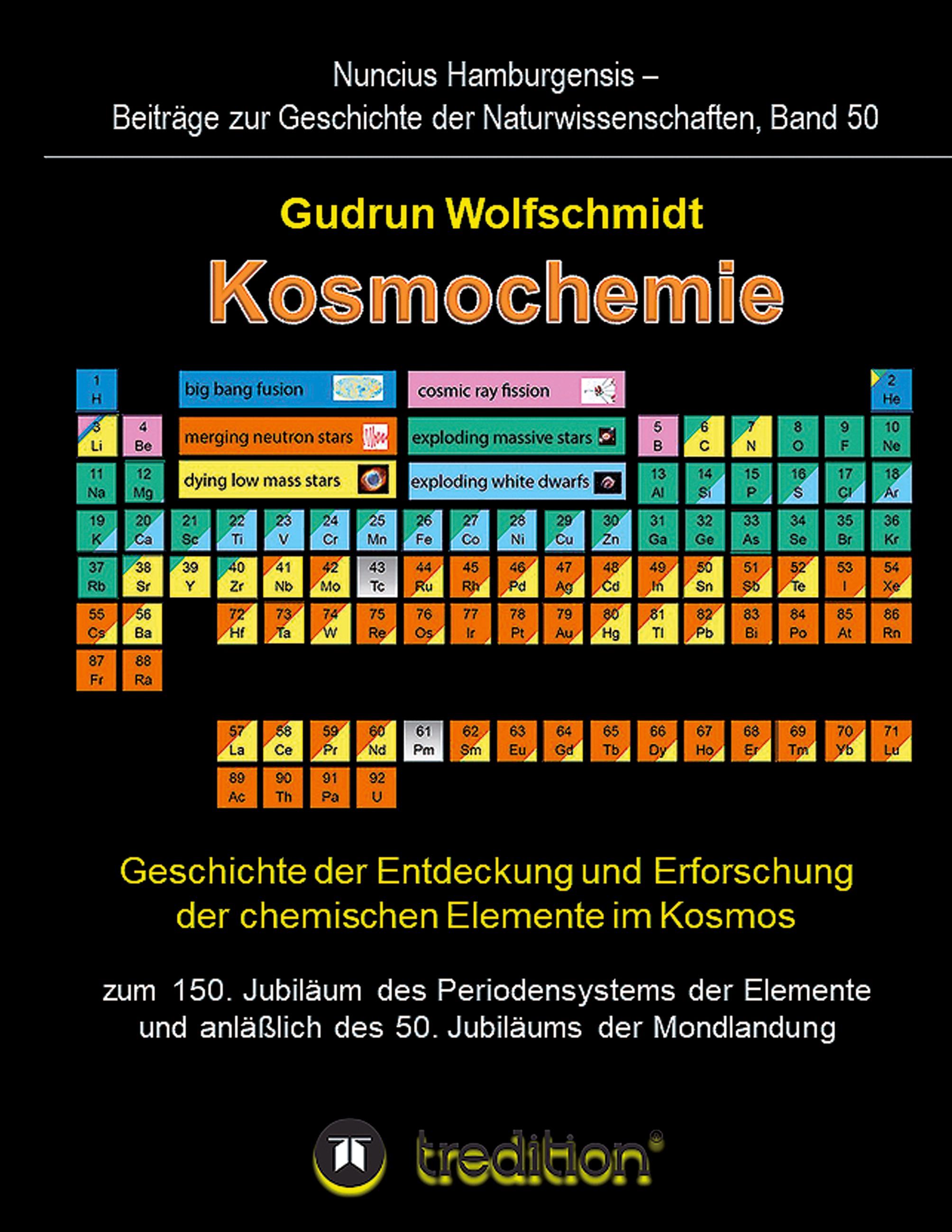 Kosmochemie - Geschichte der Entdeckung und Erforschung der chemischen Elemente im Kosmos zum 150. Jubiläum des Periodensystems der Elemente (PSE, 1869) und anläßlich des 50. Jubiläums der Mondlandung