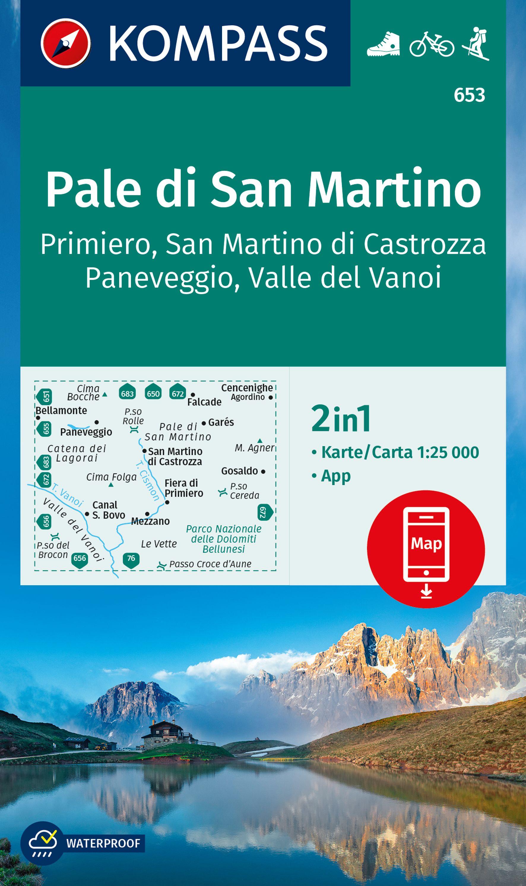 KOMPASS Wanderkarte 653 Pale di San Martino, Primiero San Martino di Castrozza, Paneveggio, Valle del Vanoi 1:25.000