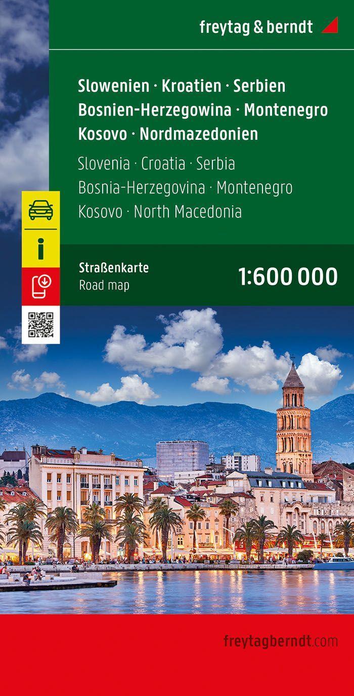 Slowenien - Kroatien - Serbien - Bosnien-Herzegowina - Montenegro - Kosovo - Nordmazedonien, Straßenkarte 1:600.000, freytag & berndt