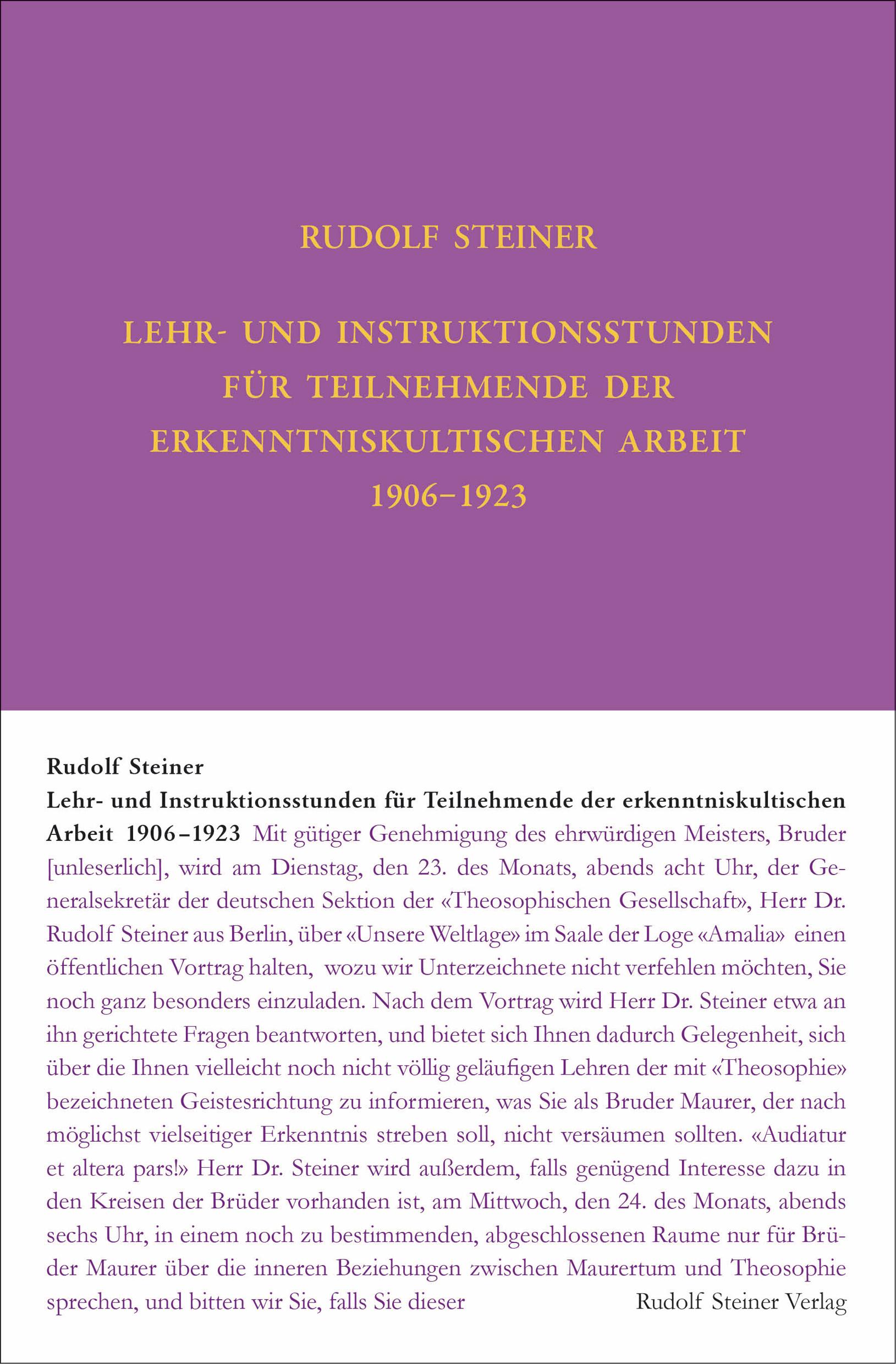 Lehrstunden für Teilnehmende der erkenntniskultischen Arbeit 1906 - 1924