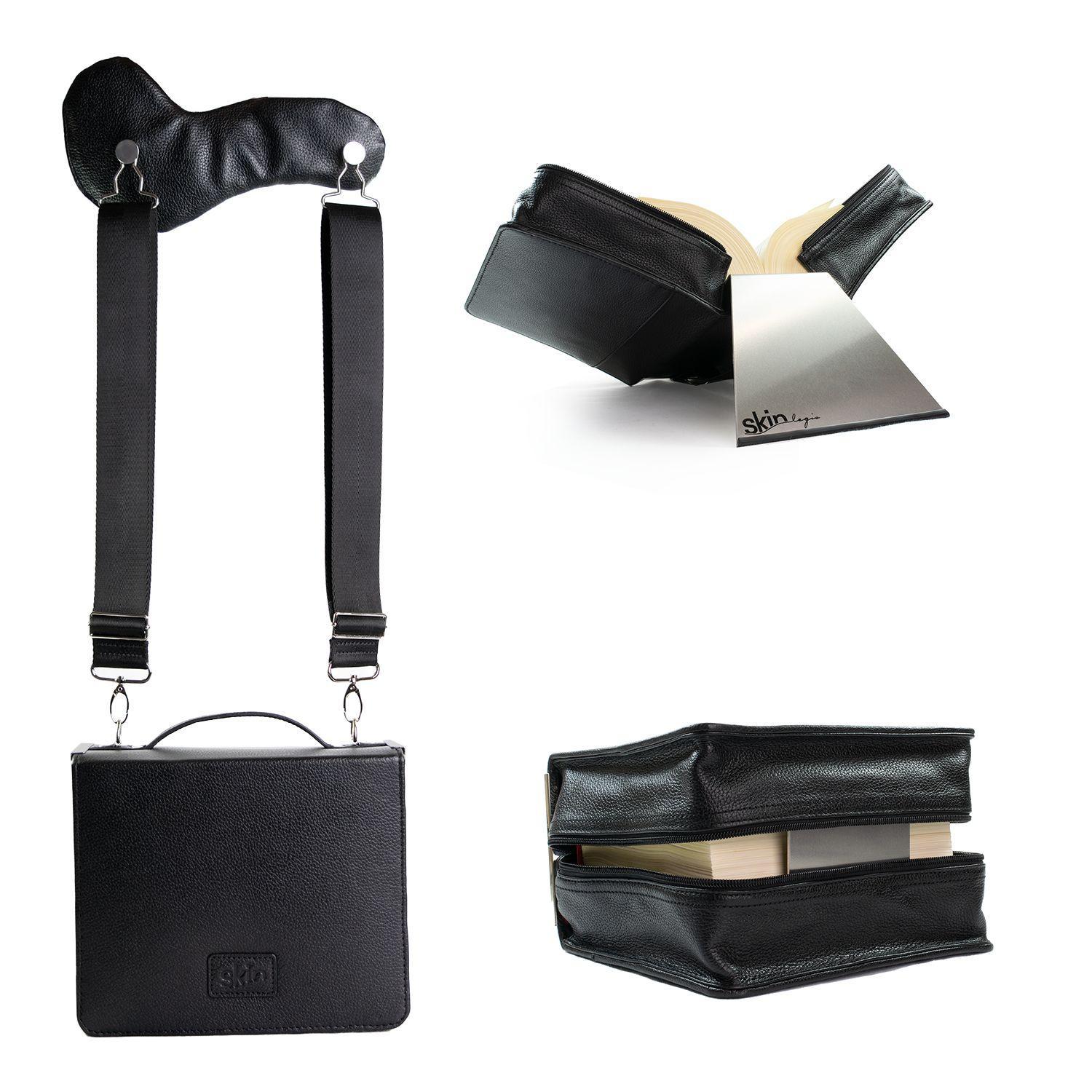 SKIN Tasche PUR Gr. XL, (Nappa-Leder) onyx-schwarz /  gefertigt aus langlebigem Nappa Leder / im Set mit ergonomisch gepolstertem Tragegurt & rutschfester Buchstütze mit Gummikante