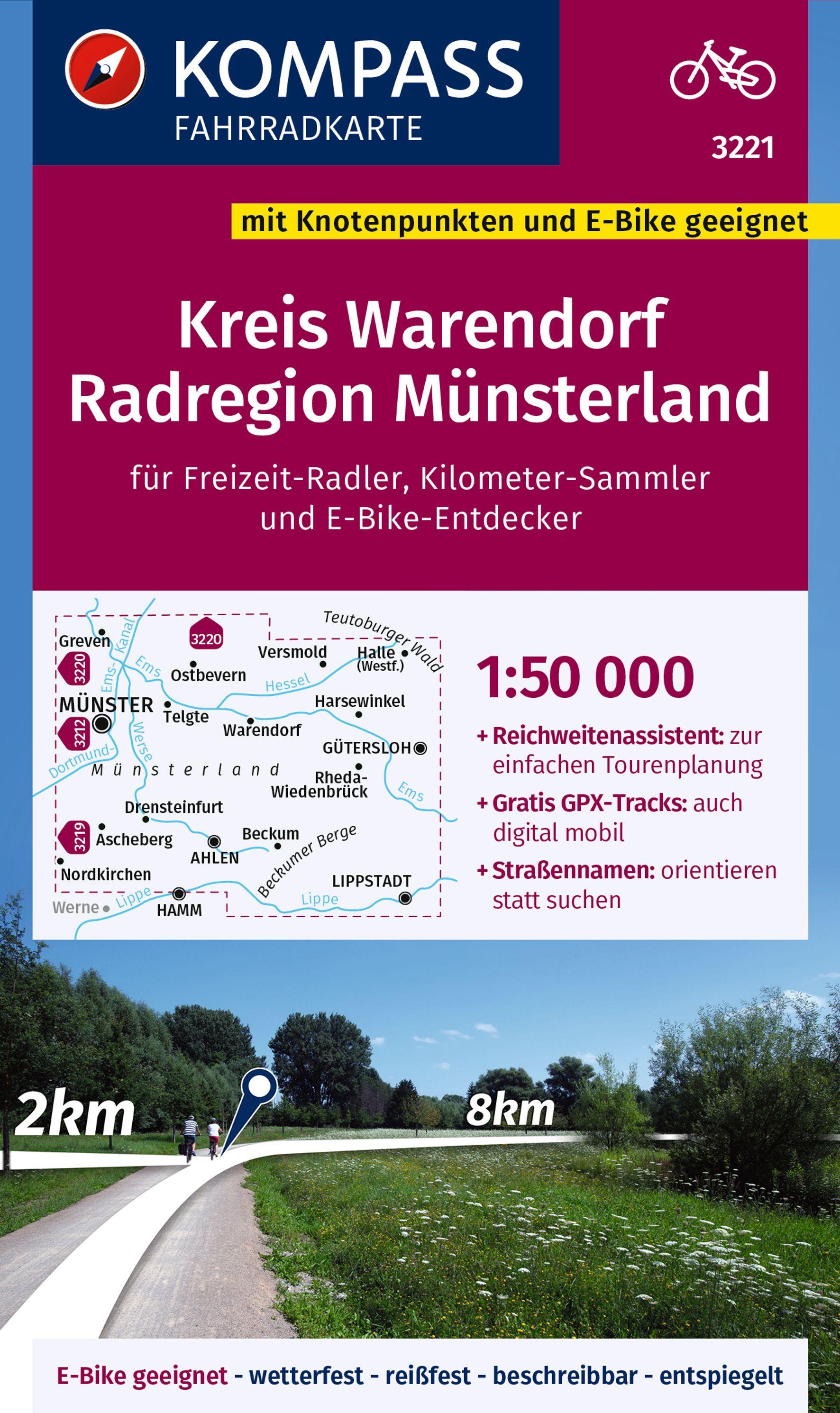 KOMPASS Fahrradkarte 3221 Kreis Warendorf - Radregion Münsterland mit Knotenpunkten 1:50.000