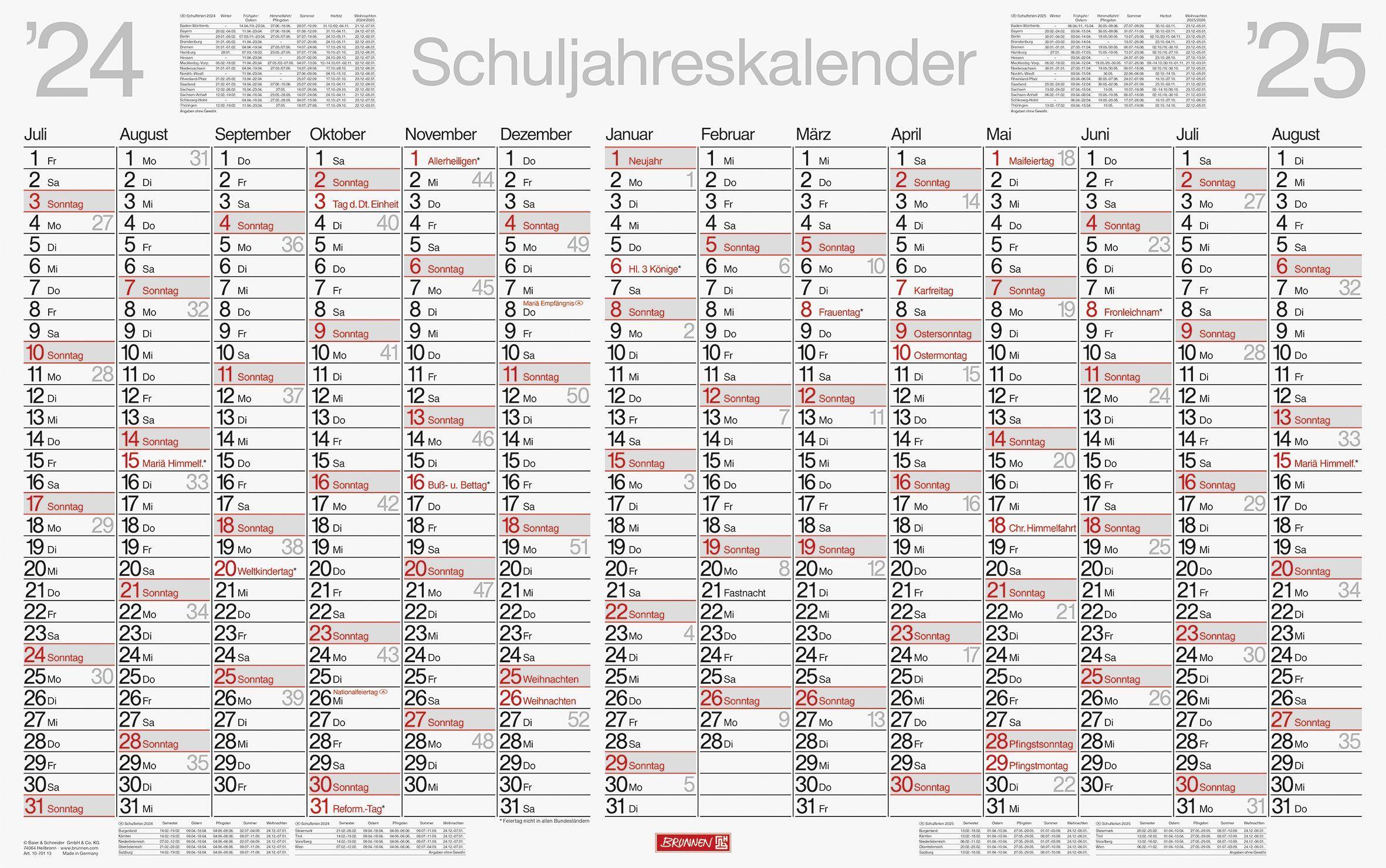 BRUNNEN Schuljahreskalender abwischbar (2024/2025), 1 Seite = 14 Monate