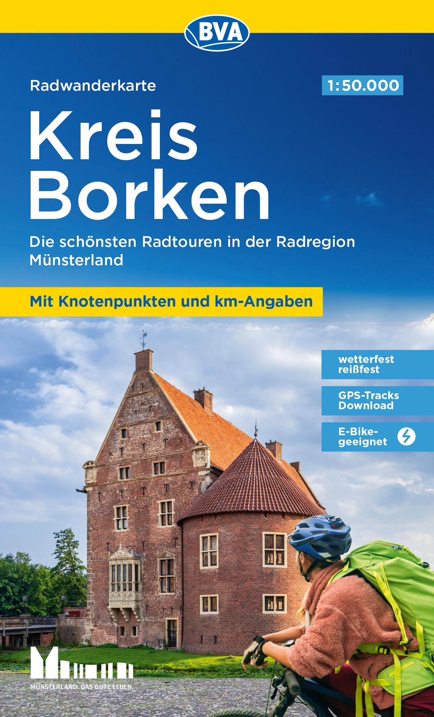 Radwanderkarte BVA Kreis Borken mit Knotenpunkten und km-Angaben, 1:50.000, reiß- und wetterfest, GPS-Tracks Download, E-Bike-geeignet