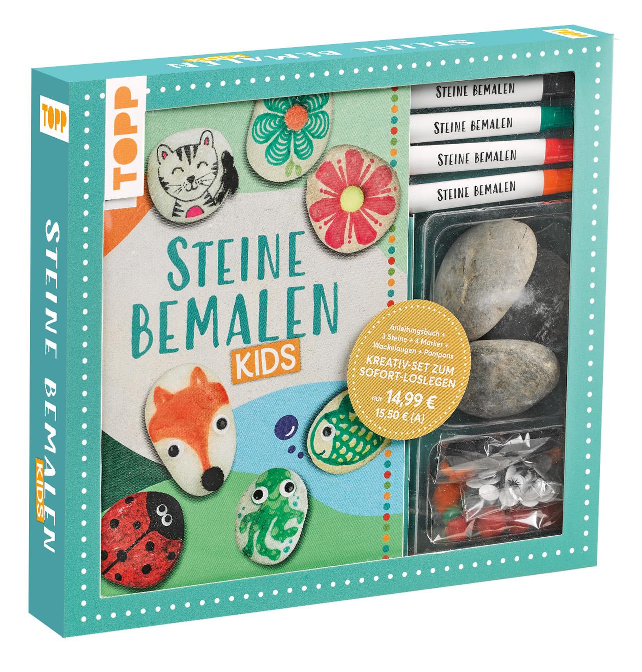 Kreativ-Set: Steine bemalen Kids mit Wackelaugen, Pompons, Anleitungsbuch & Material