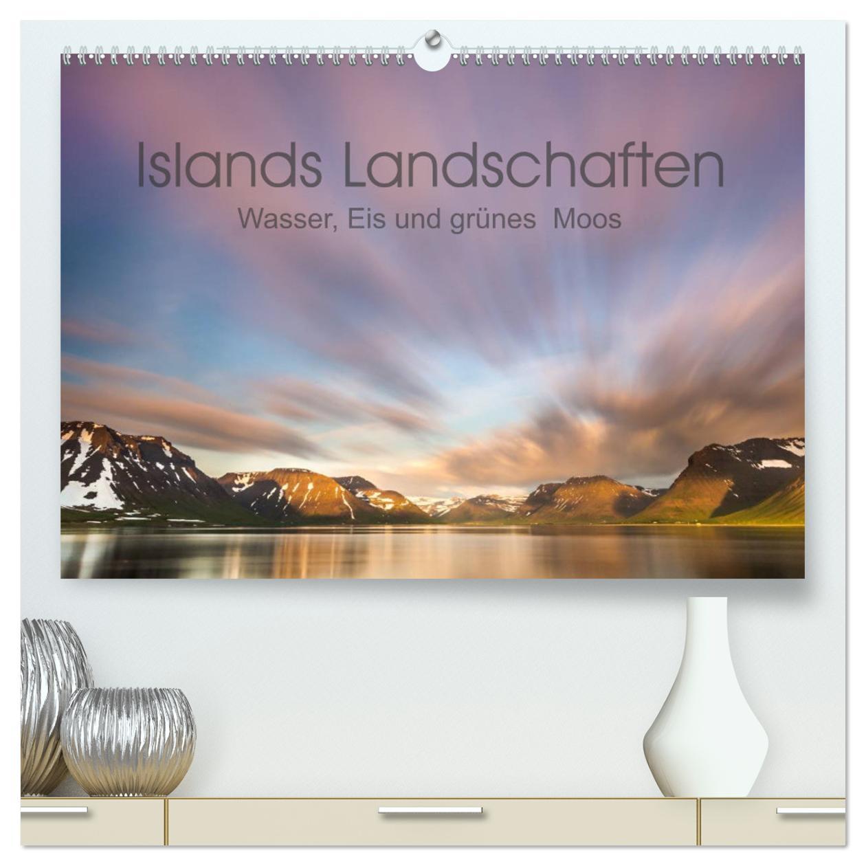 Islands Landschaften - Wasser, Eis und grünes Moos (hochwertiger Premium Wandkalender 2025 DIN A2 quer), Kunstdruck in Hochglanz