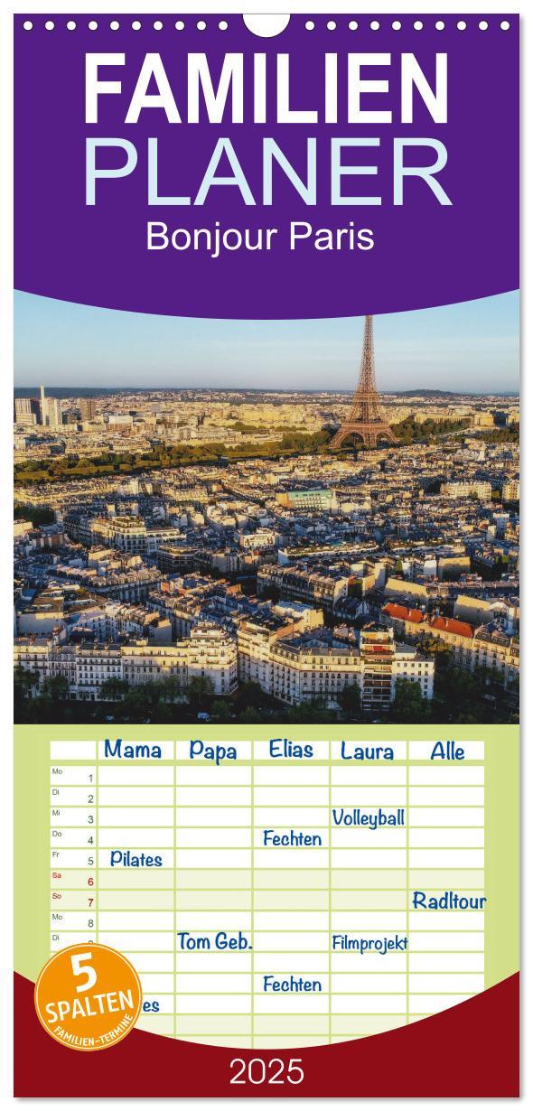 Familienplaner 2025 - Bonjour Paris mit 5 Spalten (Wandkalender, 21 x 45 cm) CALVENDO