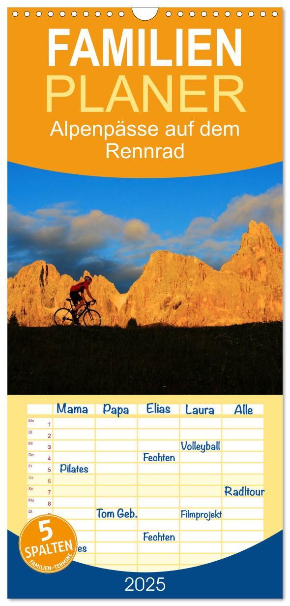 Familienplaner 2025 - Alpenpässe auf dem Rennrad "Himmlische Serpentinen" mit 5 Spalten (Wandkalender, 21 x 45 cm) CALVENDO