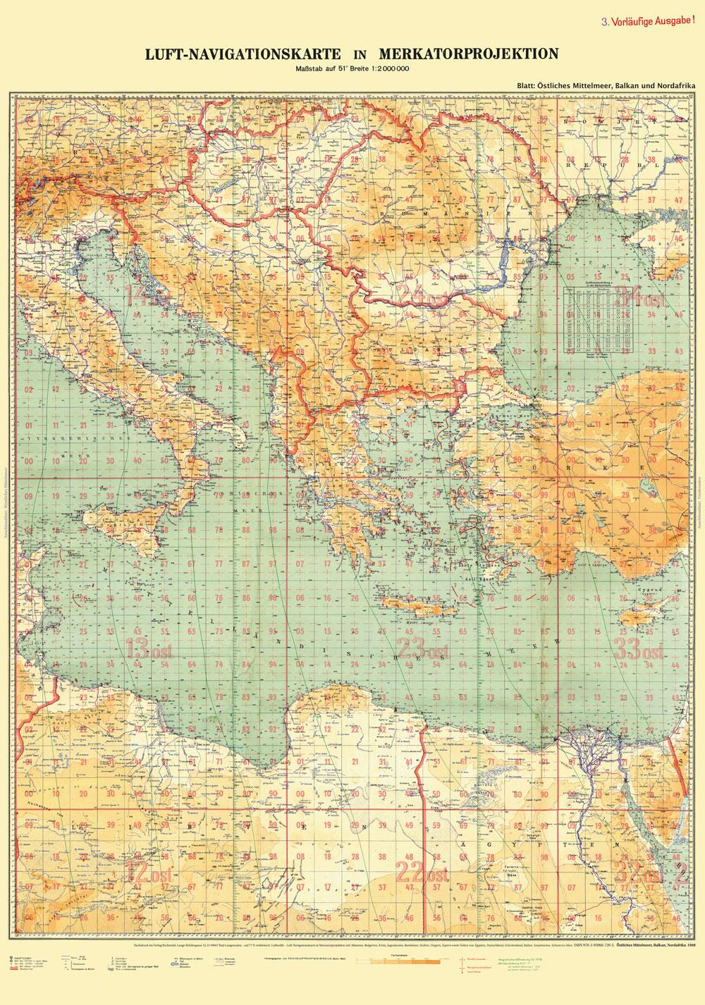 LUFT-NAVIGATIONSKARTE: Östliches Mittelmeer, Balkan, Nordafrika 1940 (Plano)