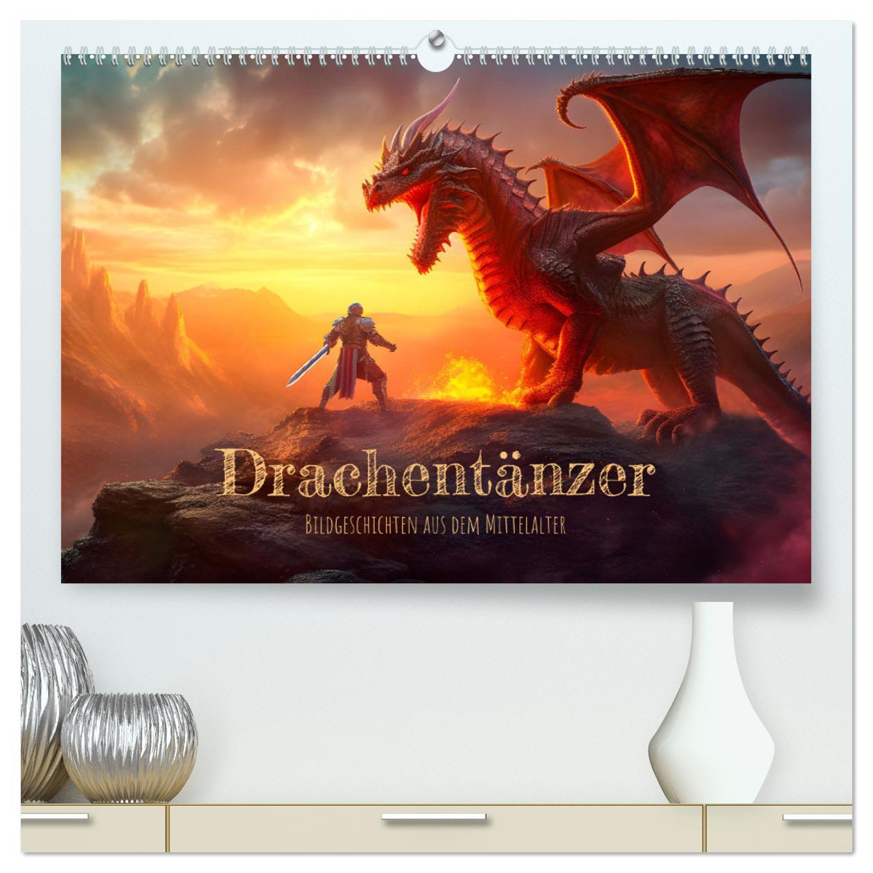 Drachentänzer - Bildgeschichten aus dem Mittelalter (hochwertiger Premium Wandkalender 2025 DIN A2 quer), Kunstdruck in Hochglanz