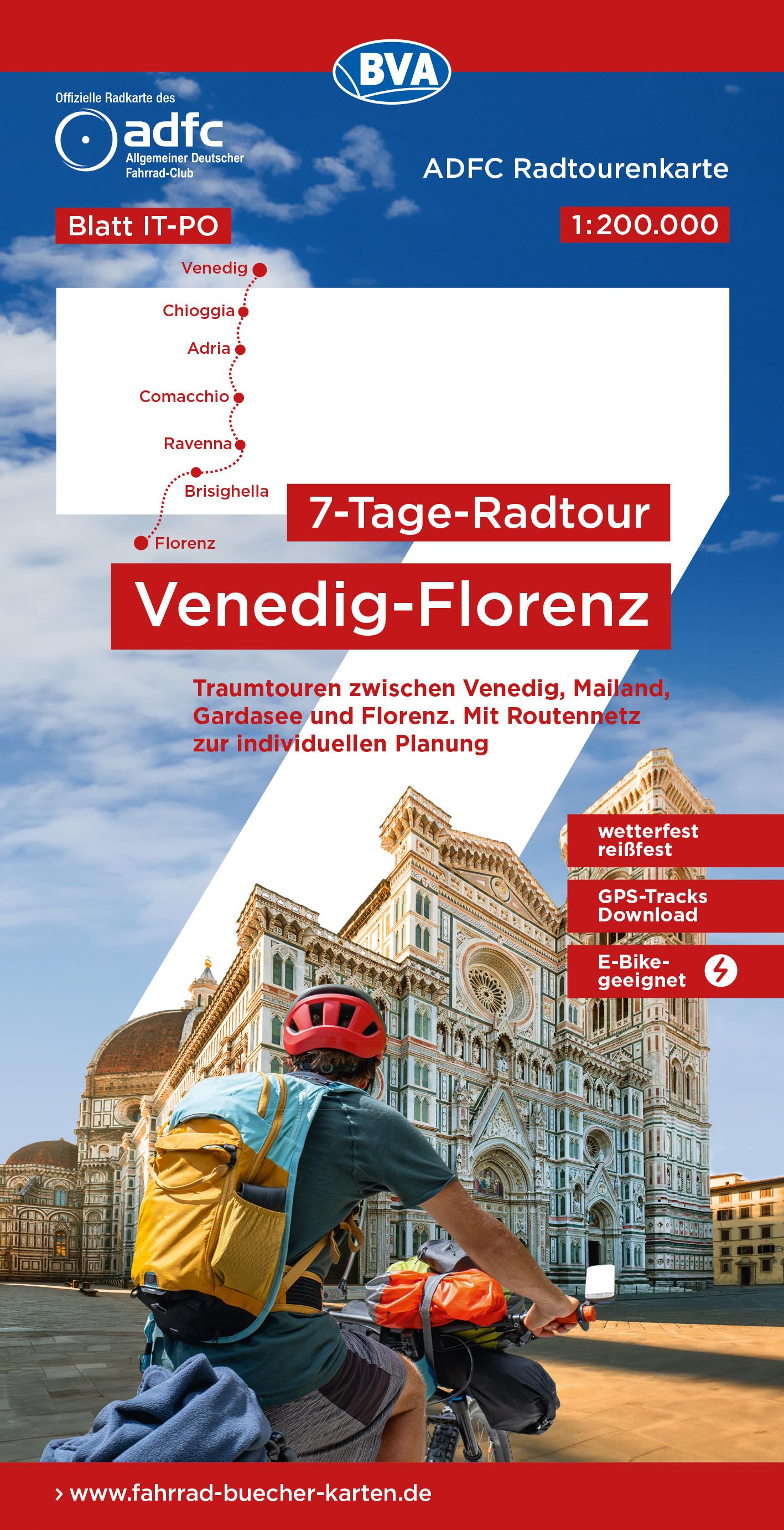 ADFC-Radtourenkarte IT-PO 7-Tage-Radtour Venedig-Florenz, 1:200.000, reiß- und wetterfest, E-Bike-geeignet, GPS-Tracks Download, mit Kilometerangaben