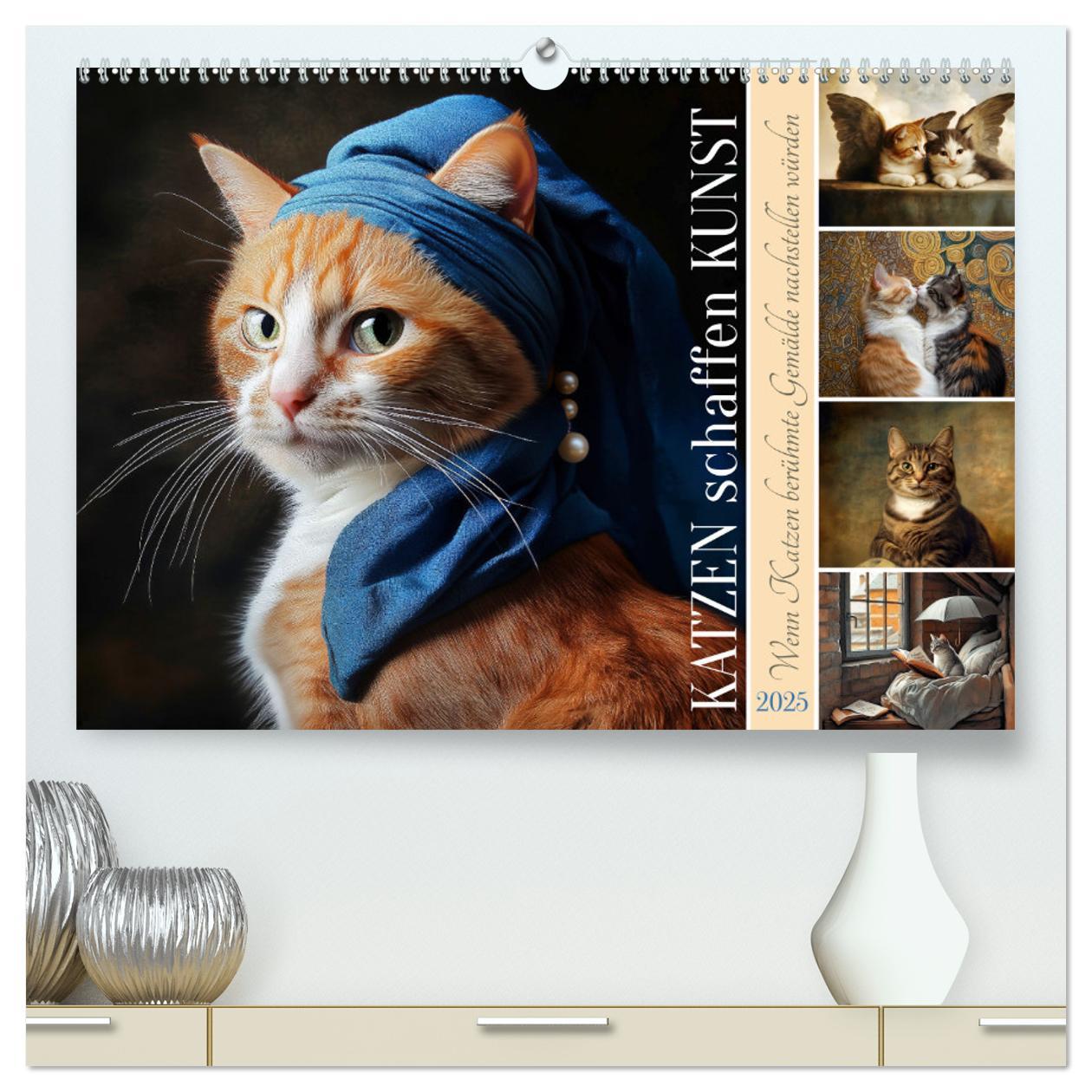 Katzen schaffen Kunst (hochwertiger Premium Wandkalender 2025 DIN A2 quer), Kunstdruck in Hochglanz