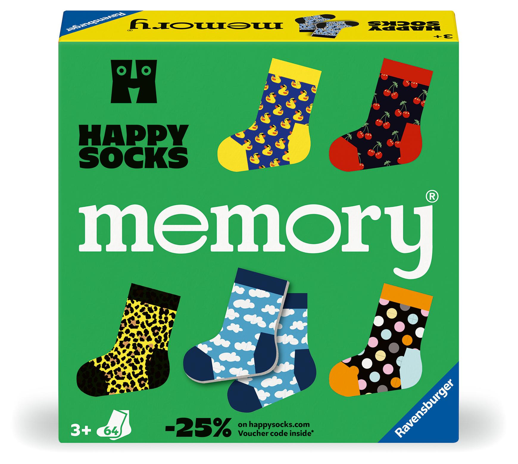 Ravensburger 24702 memory® Happy Socks. Der Ravensburger Spieleklassiker in Kooperation mit Happy Socks. Gesucht werden 32 fröhlich bunte Sockenpaare