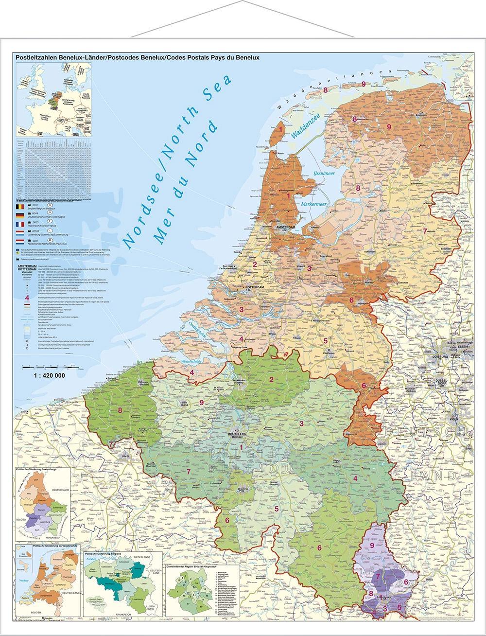 Benelux-Länder Postleitzahlen. Wandkarte