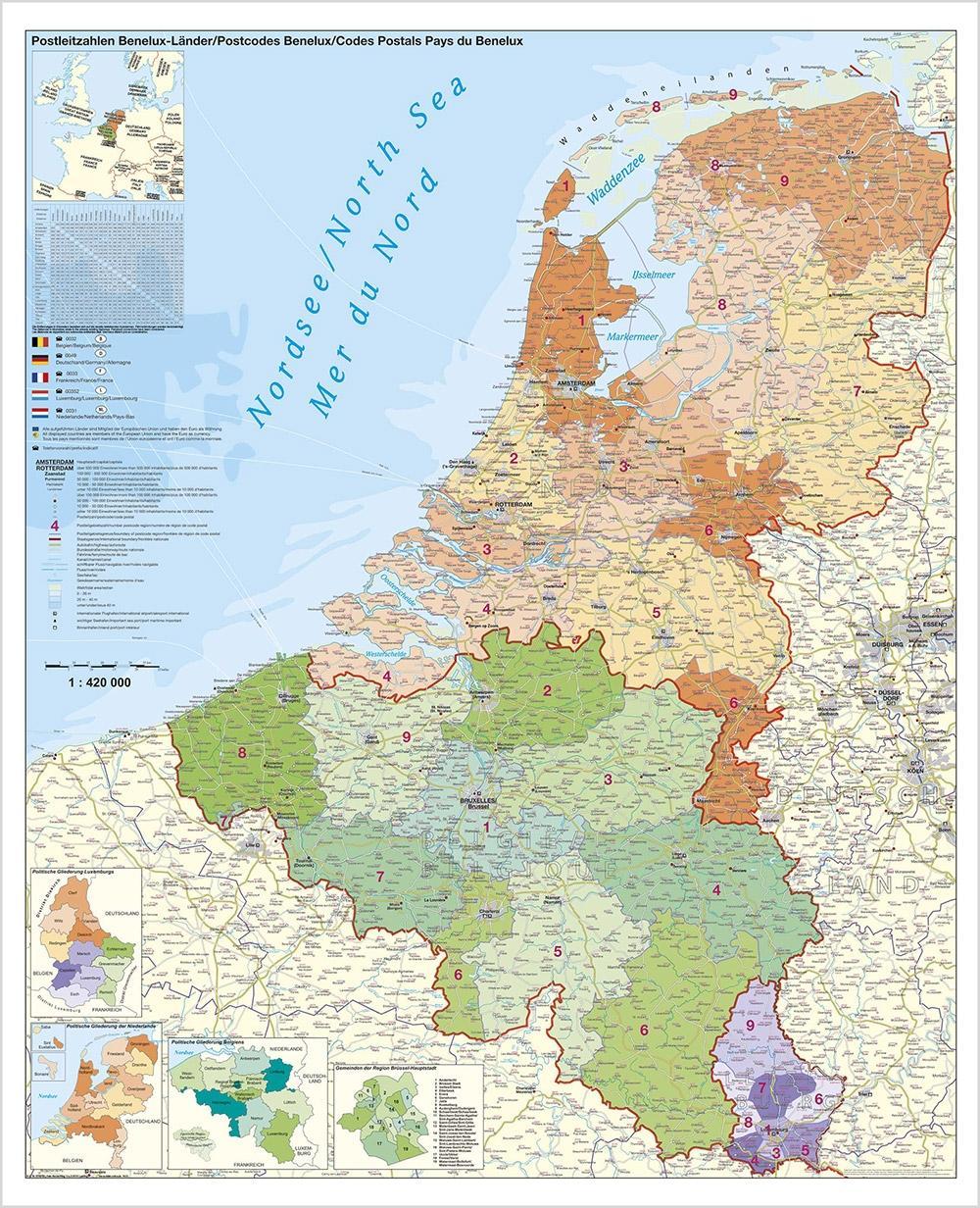 Benelux-Länder Postleitzahlen. Wandkarte Poster