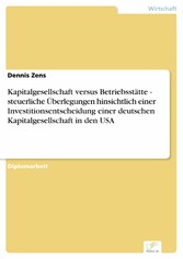 Kapitalgesellschaft versus Betriebsstätte - steuerliche Überlegungen hinsichtlich einer Investitionsentscheidung einer deutschen Kapitalgesellschaft in den USA