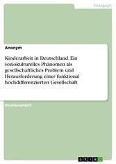 Kinderarbeit in Deutschland. Ein soziokulturelles Phänomen als gesellschaftliches Problem und Herausforderung einer funktional hochdifferenzierten Gesellschaft