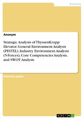 Strategic Analysis of ThyssenKrupp Elevator. General Environment Analysis (PESTEL), Industry Environment Analysis (5-Forces), Core Competencies Analysis, and SWOT Analysis