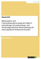 Bilanzanalyse und Unternehmensbewertung der Volker F. Lanzenberger Steuerberatungs- und Treuhandgesellschaft. Wertermittlung für einen geplanten Verkauf der Kanzlei